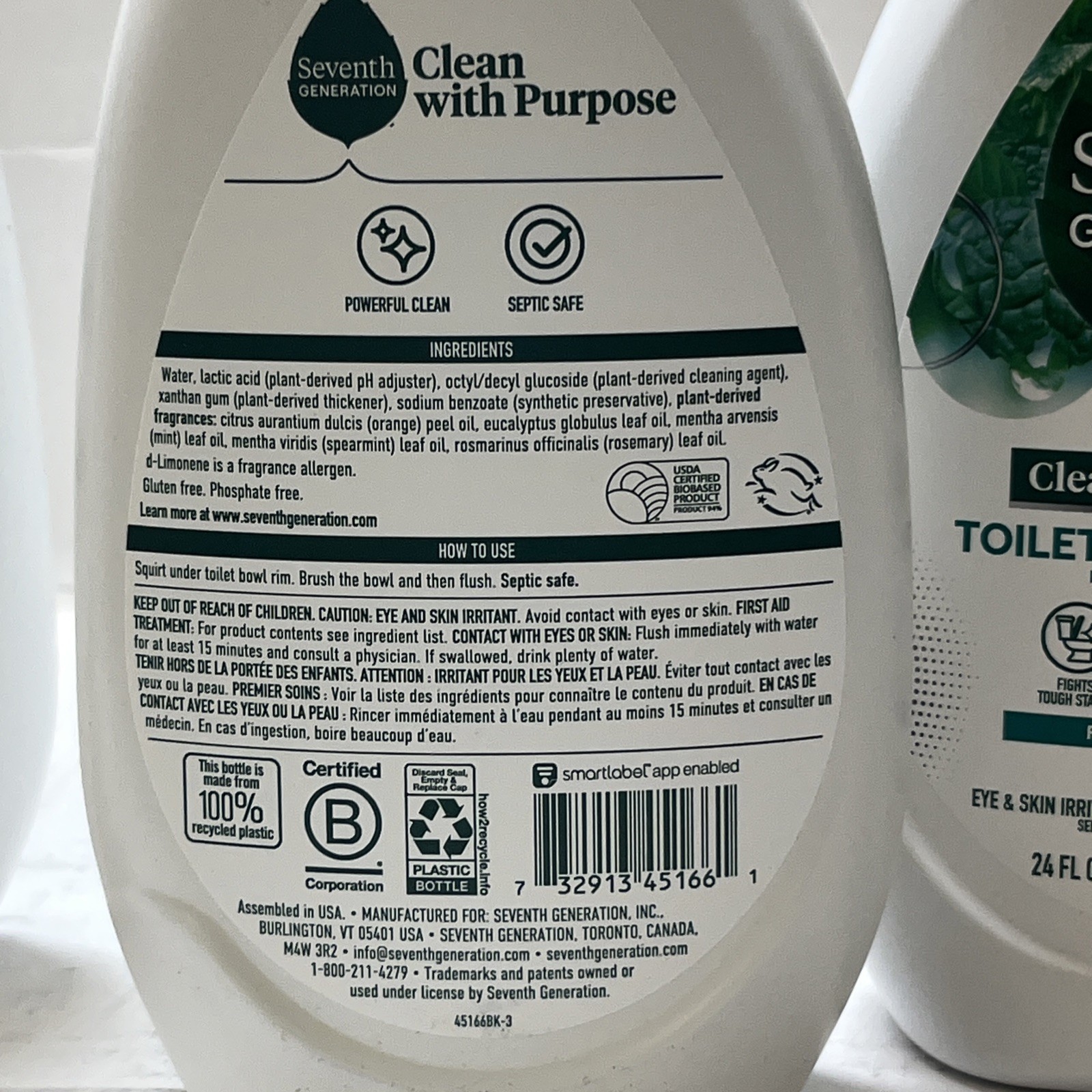 4 PACK Seventh Generation Toilet Bowl Cleaner Fresh Mint NO Chlorine 24Fl Oz