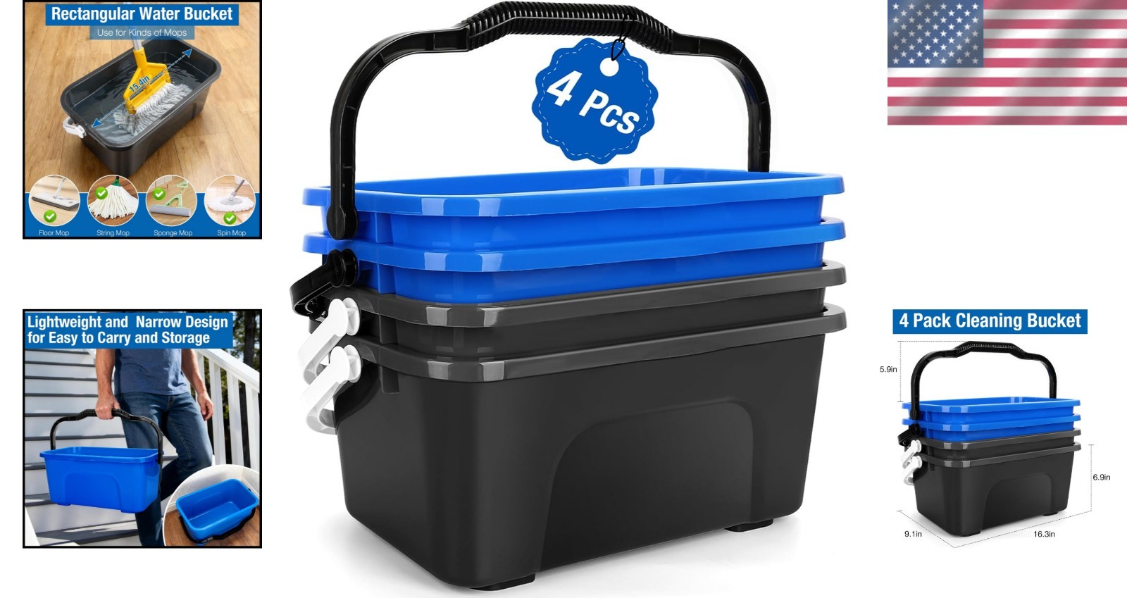 Compact 3 Gallon Plastic Cleaning Bucket with Ergonomic Handle – Blue & Grey