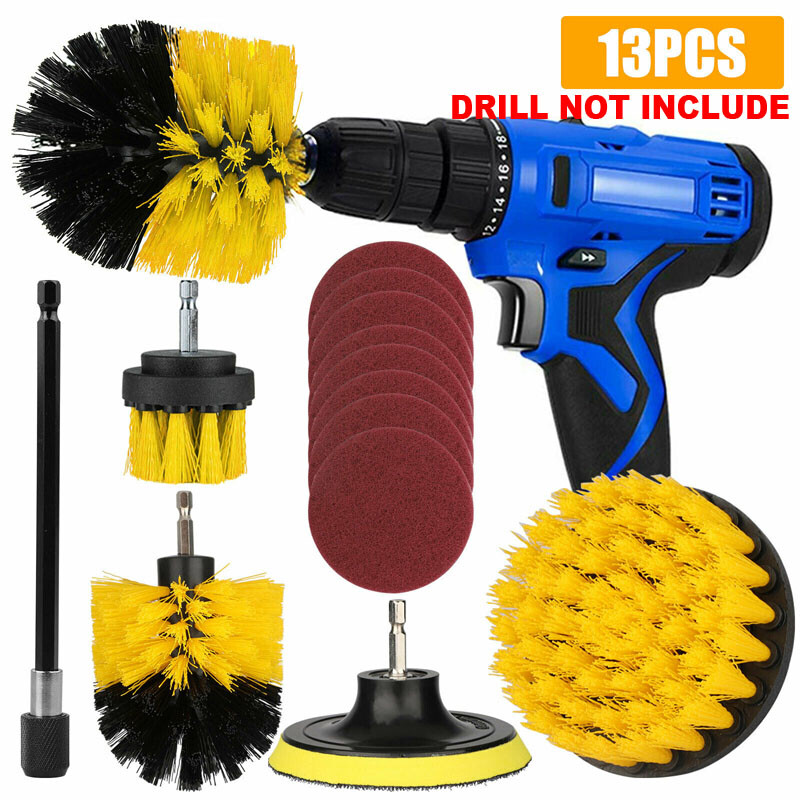 13x Drill Brush Attachment Set Power Scrubber Combo Car Grout Tile Extension Rod