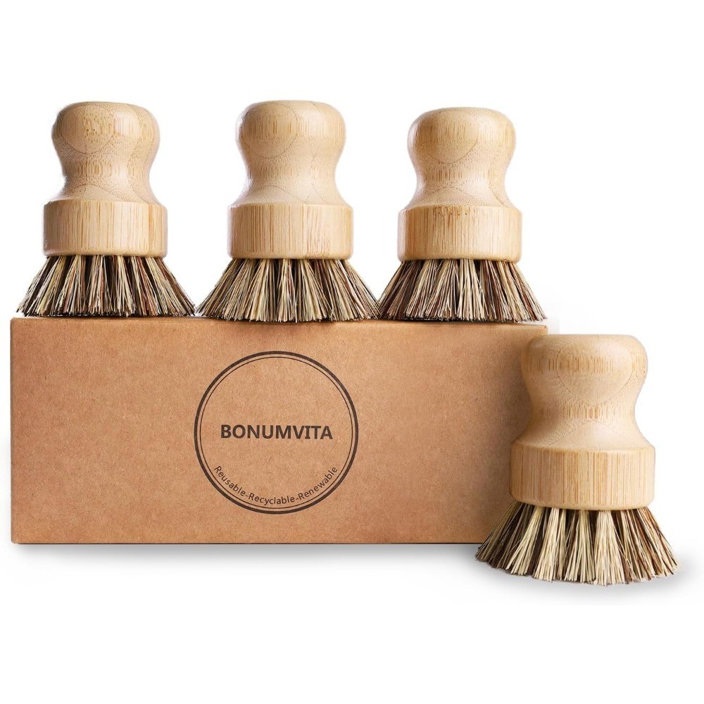 Natural Bamboo Dish Brush Set 4 Pack Kitchen Palm Pot Scrubber with Union Fiber