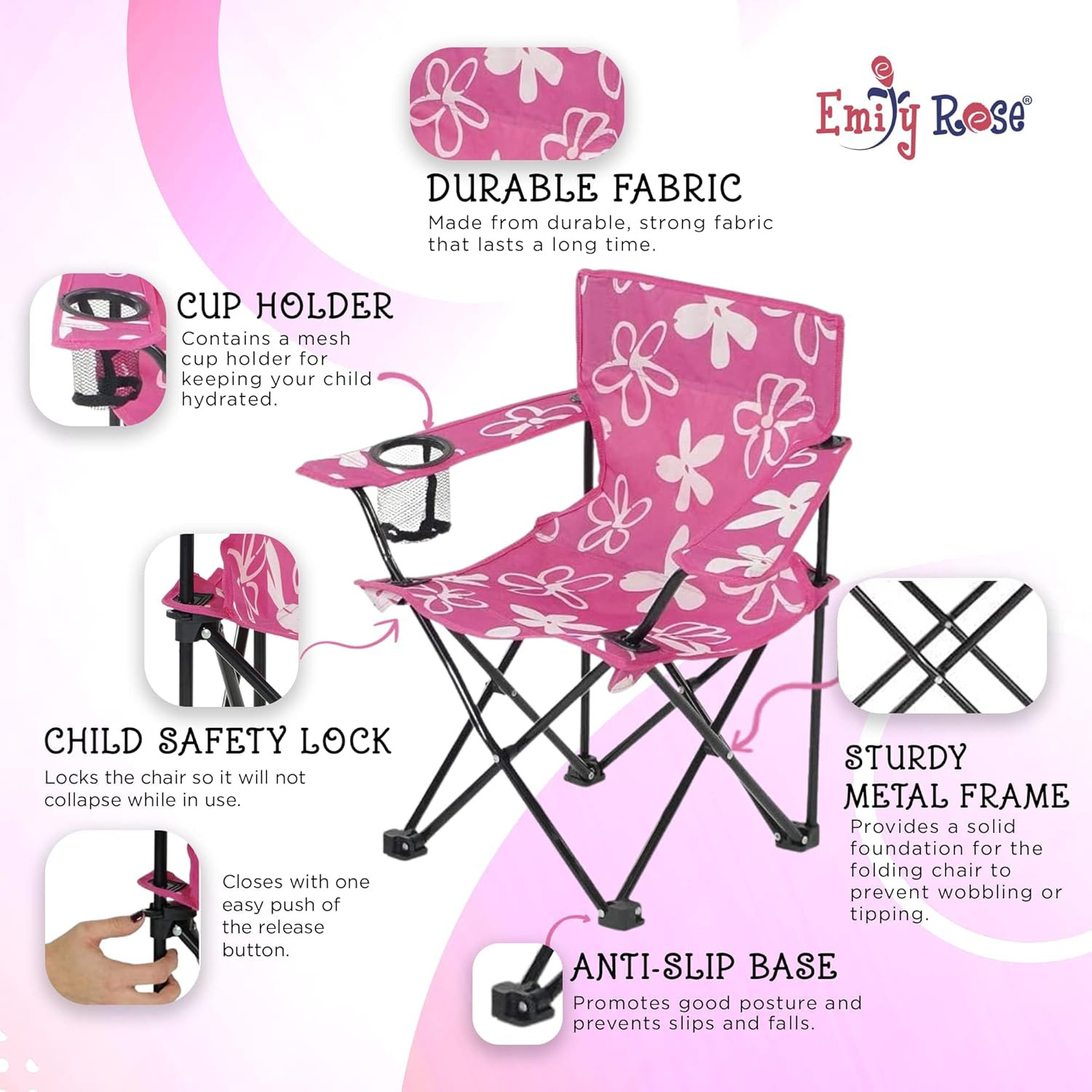 Kids Folding Chair | USA Company | Pink Kid Beach Chair with Safety Lock- Campin