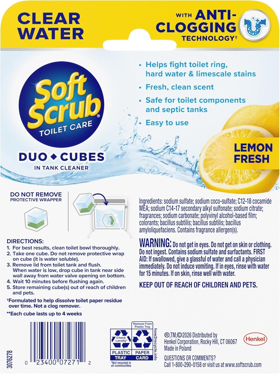 In-Tank Toilet Cleaner Duo-Cubes, Lemon Fresh, Clear Water, 4 Ct, Cleans & Fresh