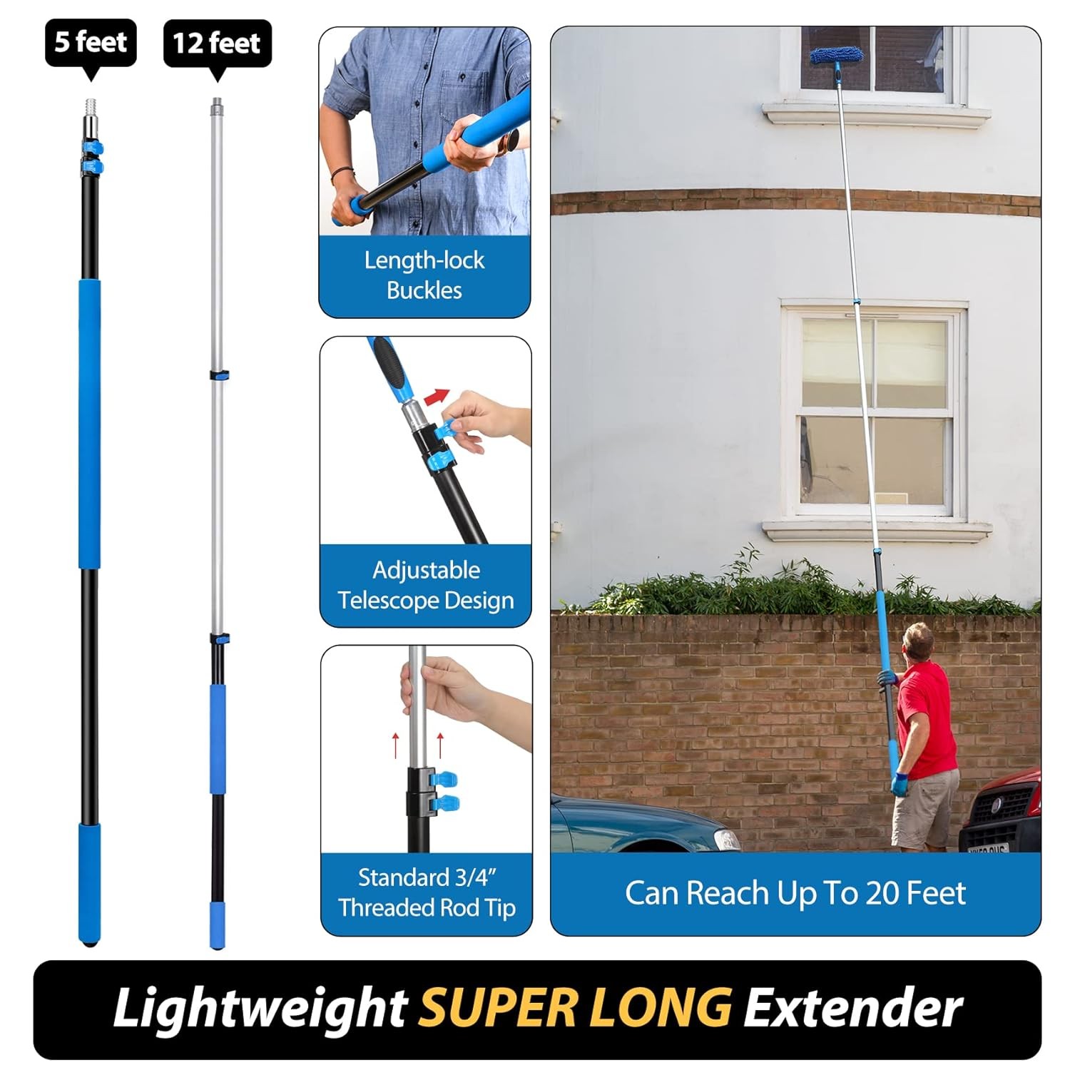 Extension Pole Duster Kit 5-12 Ft High Reach Cobweb Ceiling Fan Duster Wand