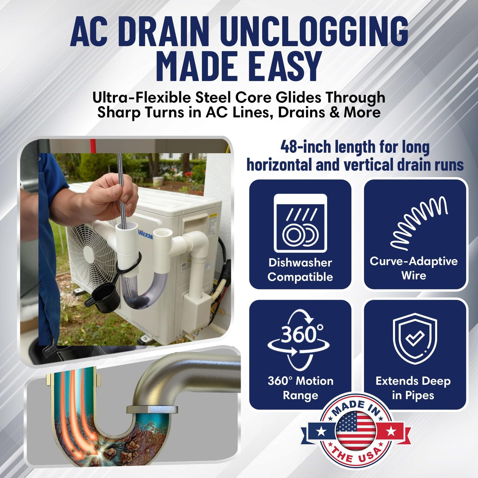 48″ Flexible Tube Brush – Long Pipe Snake for Sink – AC Condensate Line Clean…