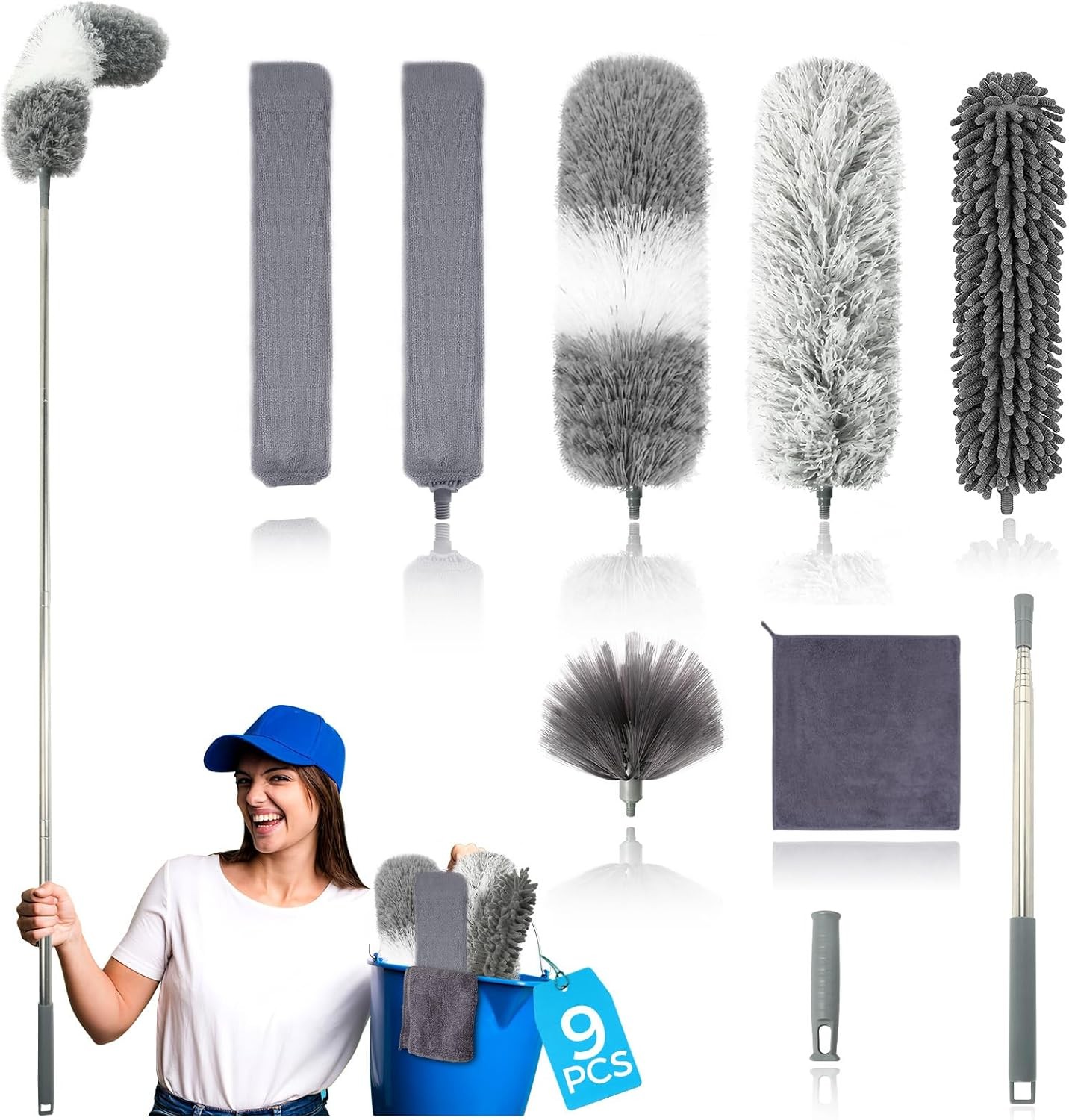 9pcs Extendable Microfiber Duster Kit 100″ Retractable Bendable Cleaning Tools