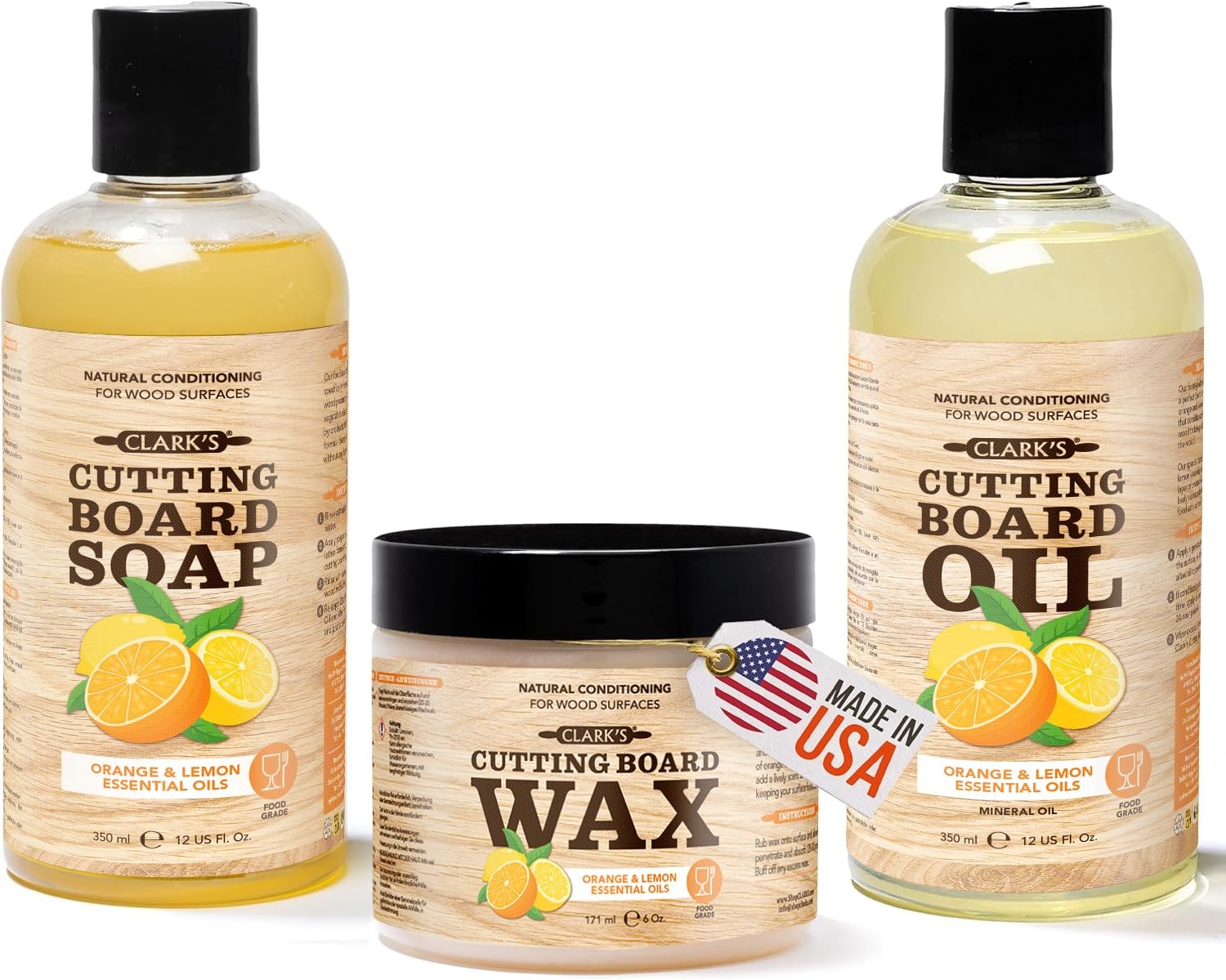 Cutting Board Oil (12oz), Wood Wax (6oz) and Cleaner (12oz) Set – Food-Grade …