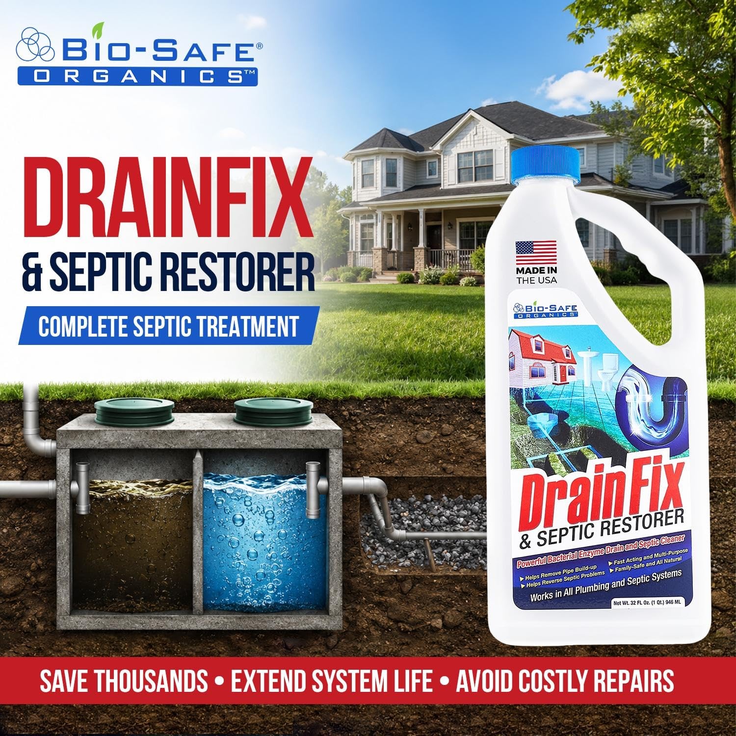 DrainFix & Septic Restorer 32 oz Enzyme Septic Tank Treatment & Drainfield