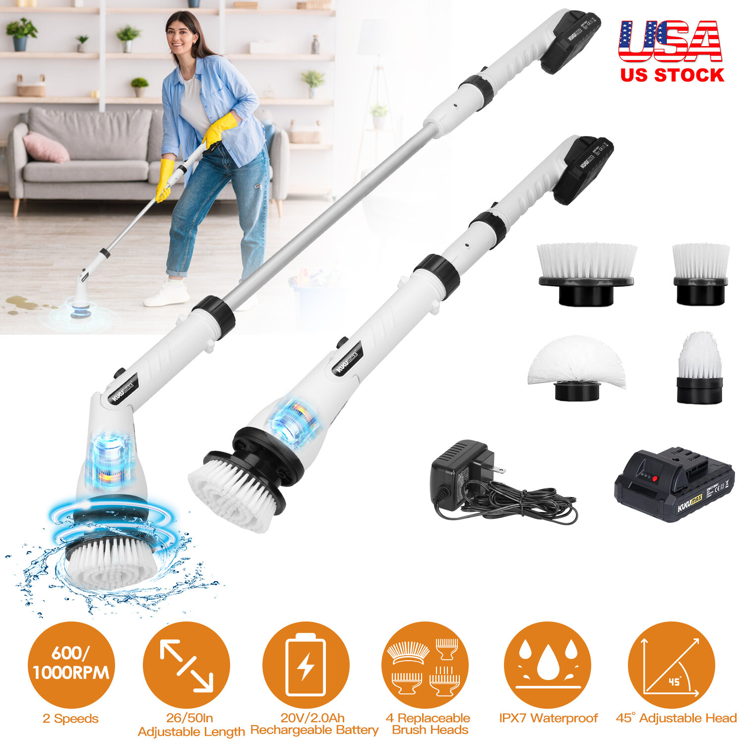 Cordless Electric Spin Scrubber 4 Replacement Head for Bathroom Kitchen Cleaning
