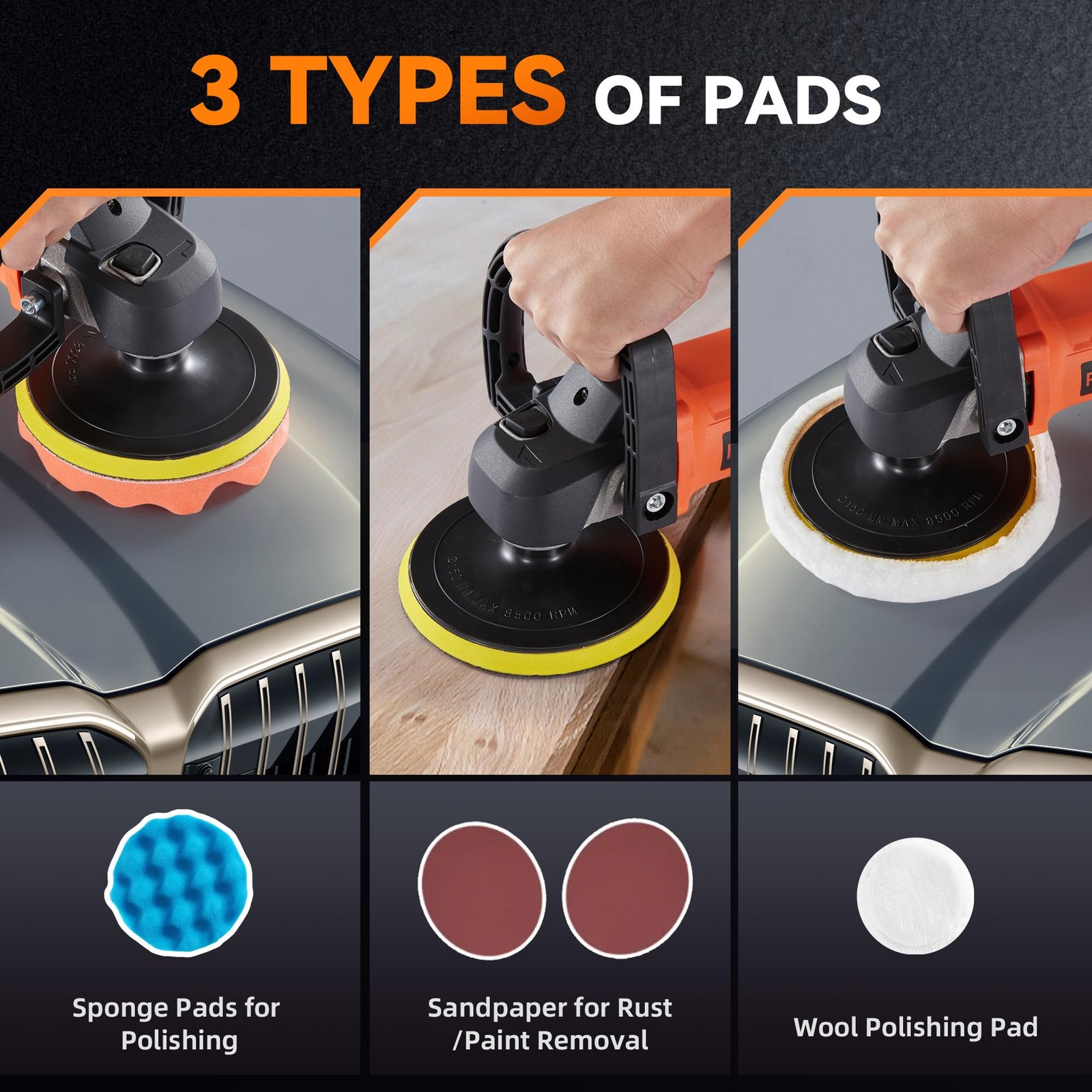 Buffer Polisher, 1600W 7 in 6 in Rotary Waxer, 8 Variable Speeds 500-3600 RPM