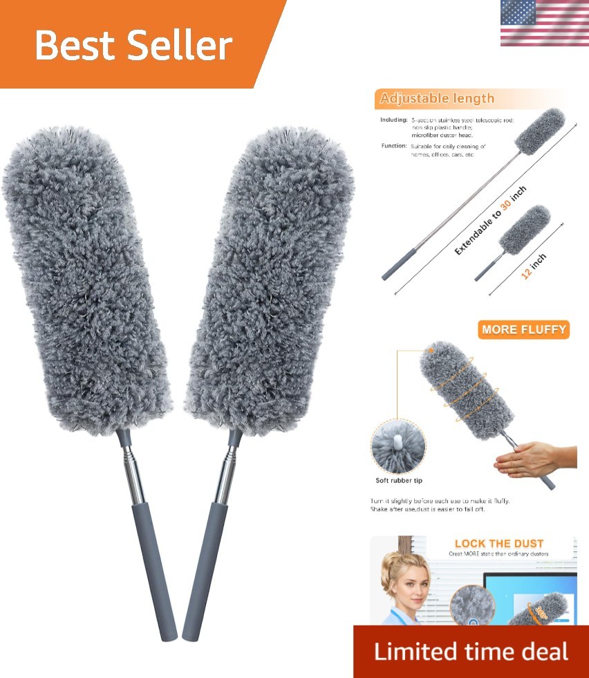 2 Pack Microfiber Feather Duster for Cleaning with Extendable Pole Hand Washable