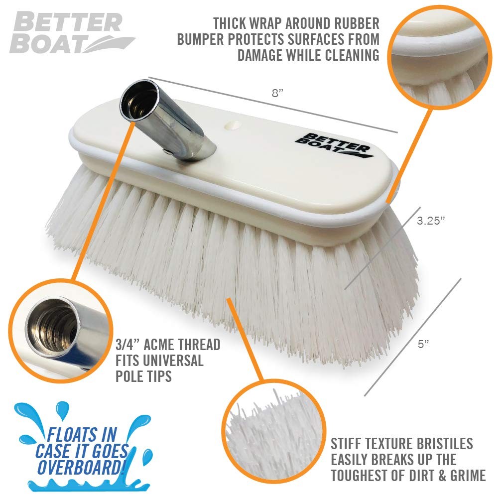 Stiff Boat Deck Brush, Heavy-Duty Marine Brush Head, 8″ Firm Bristle with Bum…