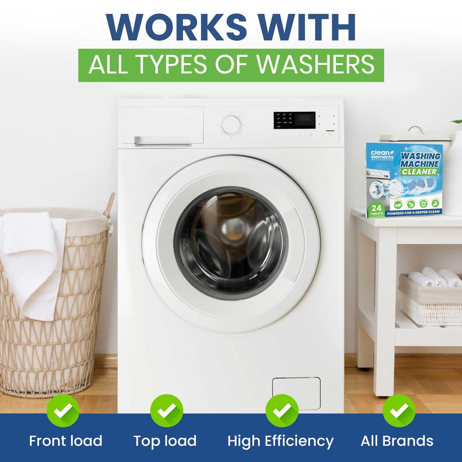 Clean Elements Washing Machine Cleaner Tablets 24 Pack – Deep Cleaning Descal…
