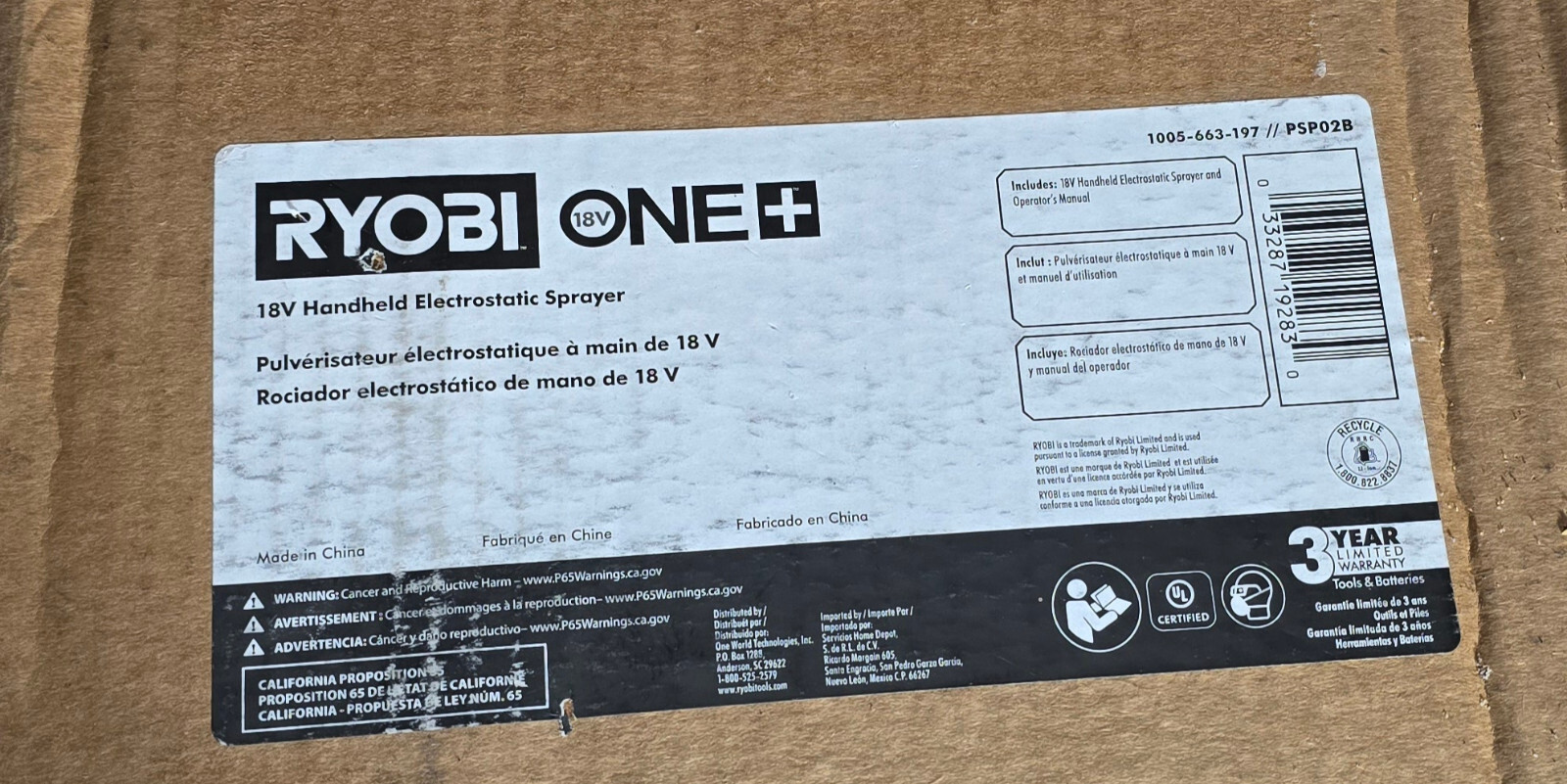 RYOBI PSP02B 18V ONE+ Cordless Handheld Electrostatic Sprayer LN, NEW Tool Only.