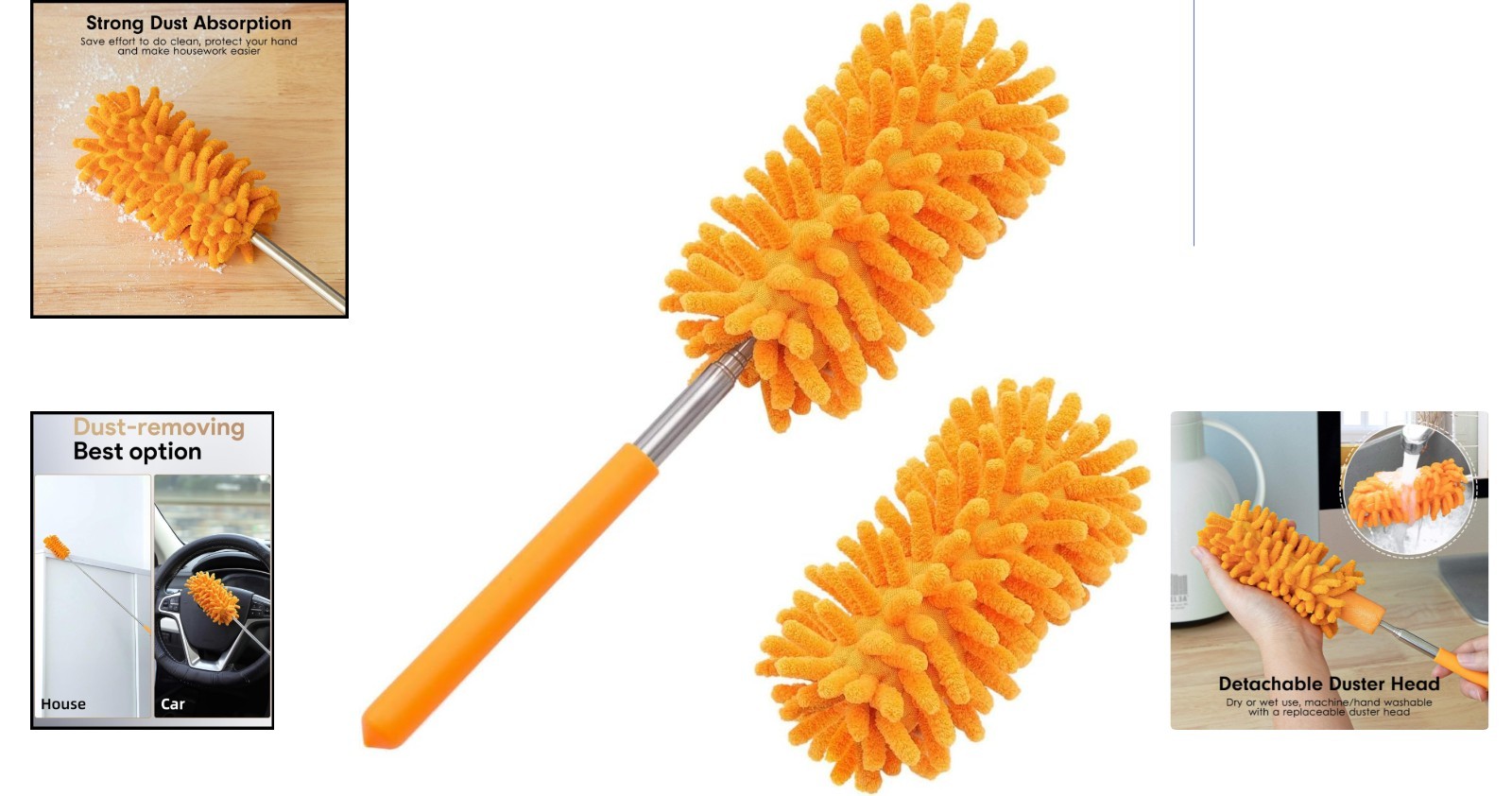 Microfiber Duster for Deep Cleaning – 2 Washable Heads & Extendable Pole