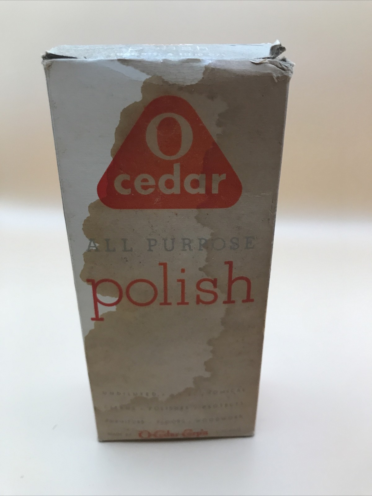 Vintage 50s O CEDAR Red Oil WOOD Polish Glass Bottle/Box Metal Cap 1950s PROP