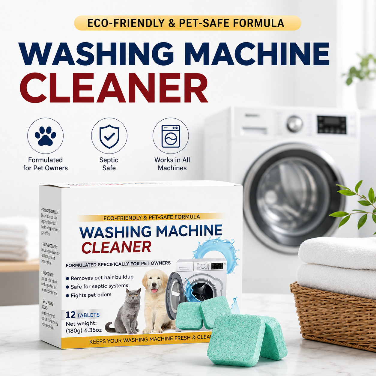 Washing Machine Cleaner Tablets for Pet Owners Deep Clean Odor Remover 12 Pack