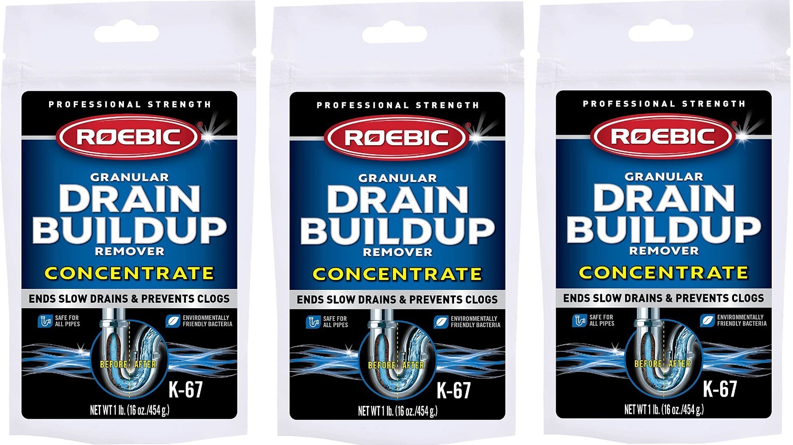 Roebic K-67 16 oz Granular Drain Buildup & Trap Cleaner – Pack of 3