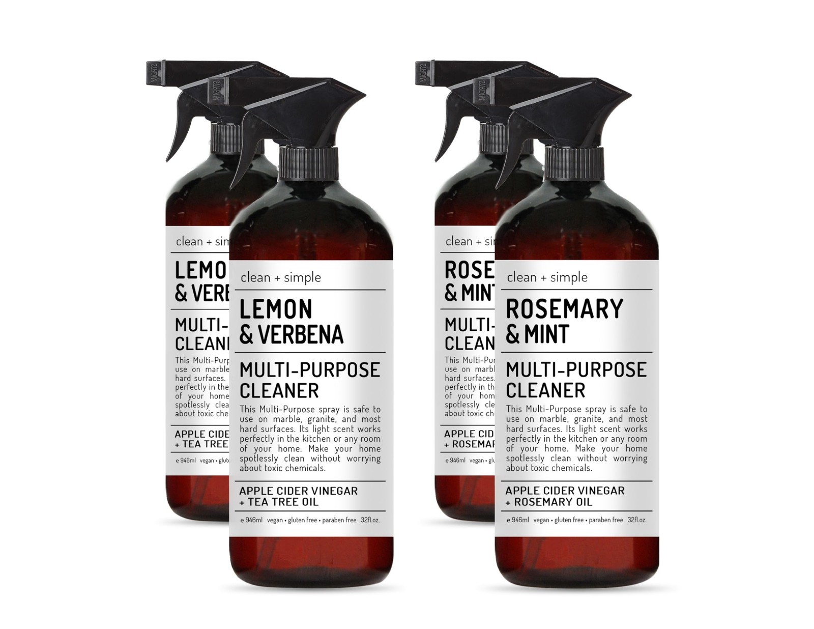 Multi-Purpose Cleaners Set of 4 | Apple Cider Vinegar, Rosemary, Tea Tree Oil |