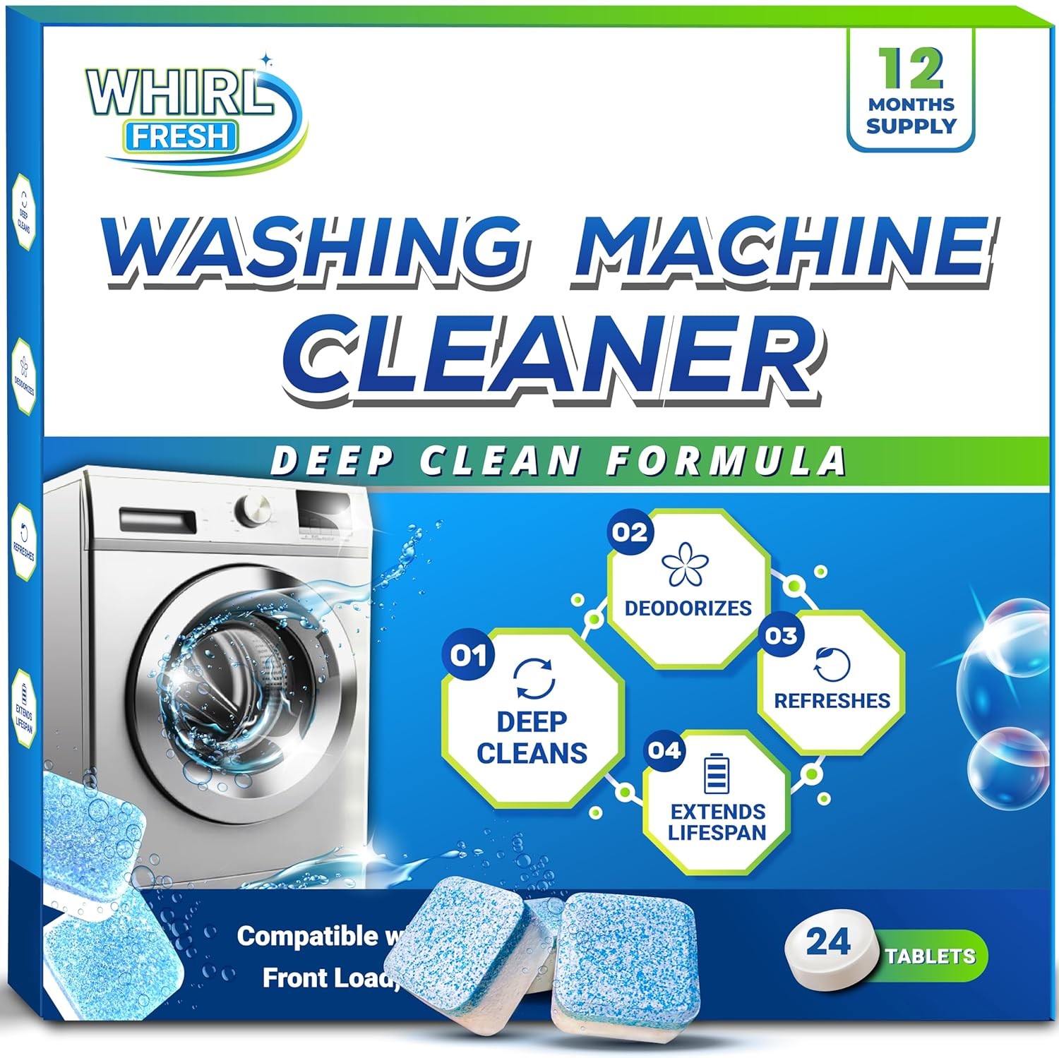 Washing Machine Cleaner Tablets 24 Pack Deep Cleaning Front Load Top Load