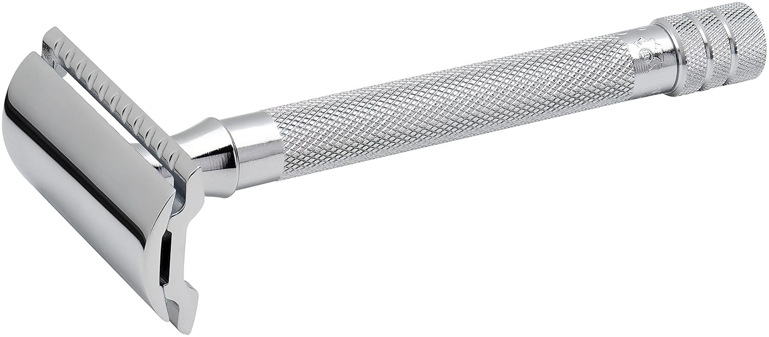 MERKUR 23C Double Edge Safety Razor – Polished Chrome, Long Knurled Brass Hand