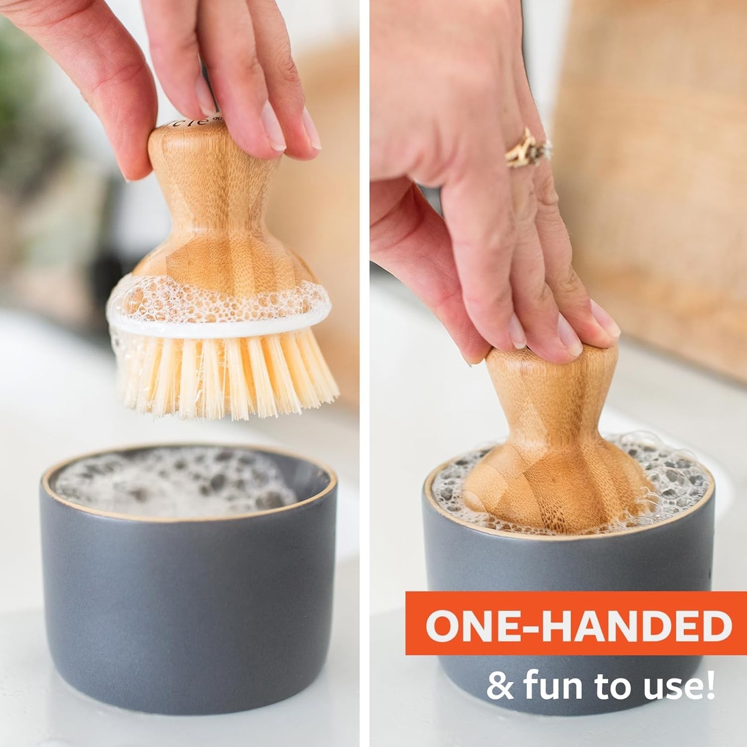 Elegant Bubbly Palm Brush with Ceramic Dispenser – Safe & Stylish Kitchen Tool