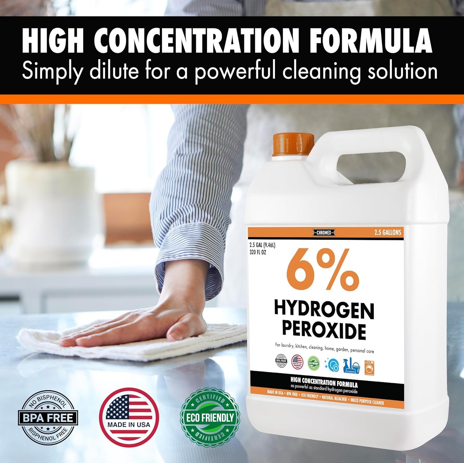 6% Hydrogen Peroxide, Food Grade, Home, Kitchen, Bath Cleaner – 2.5×2 Gallons