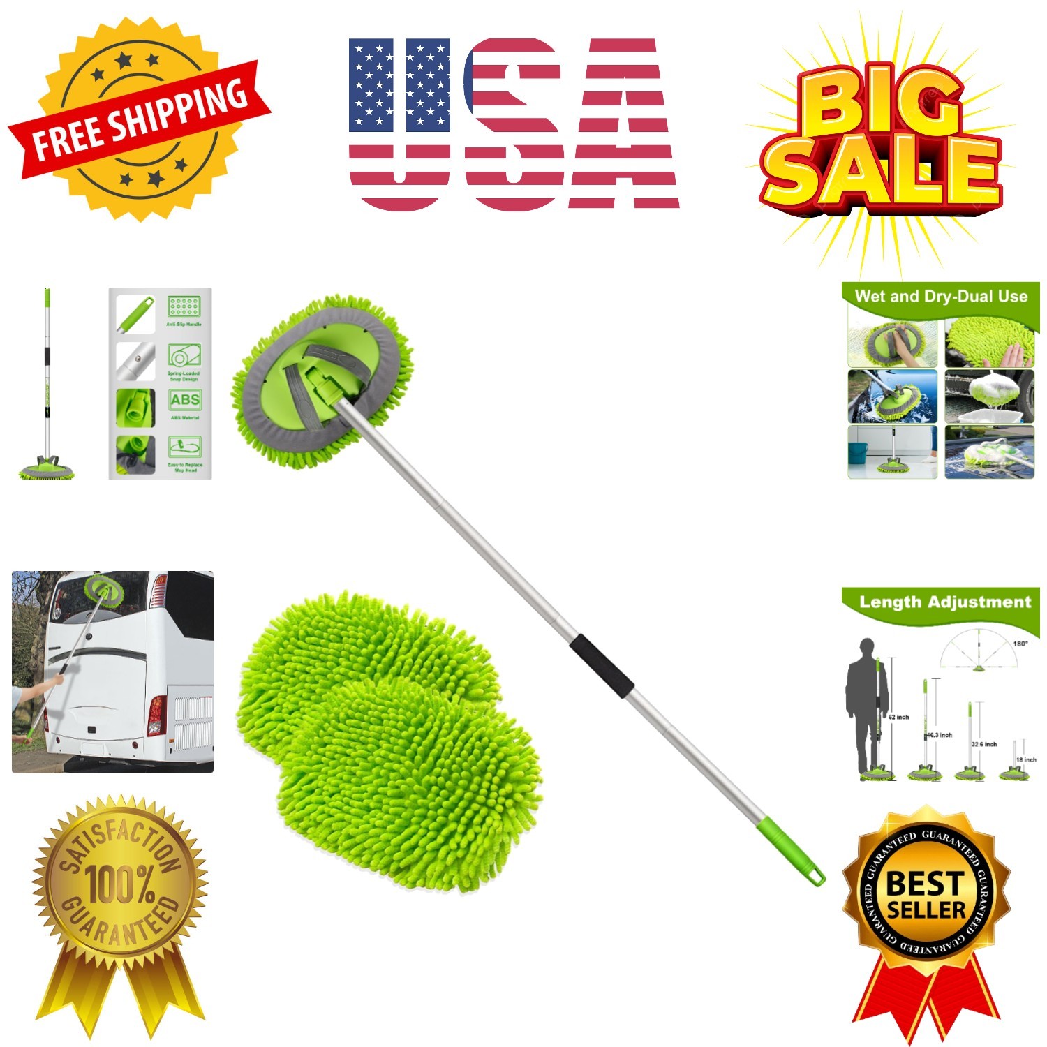 62″ Microfiber Car Wash Brush Mop Kit Mitt Sponge with Long Handle Car Cleani…