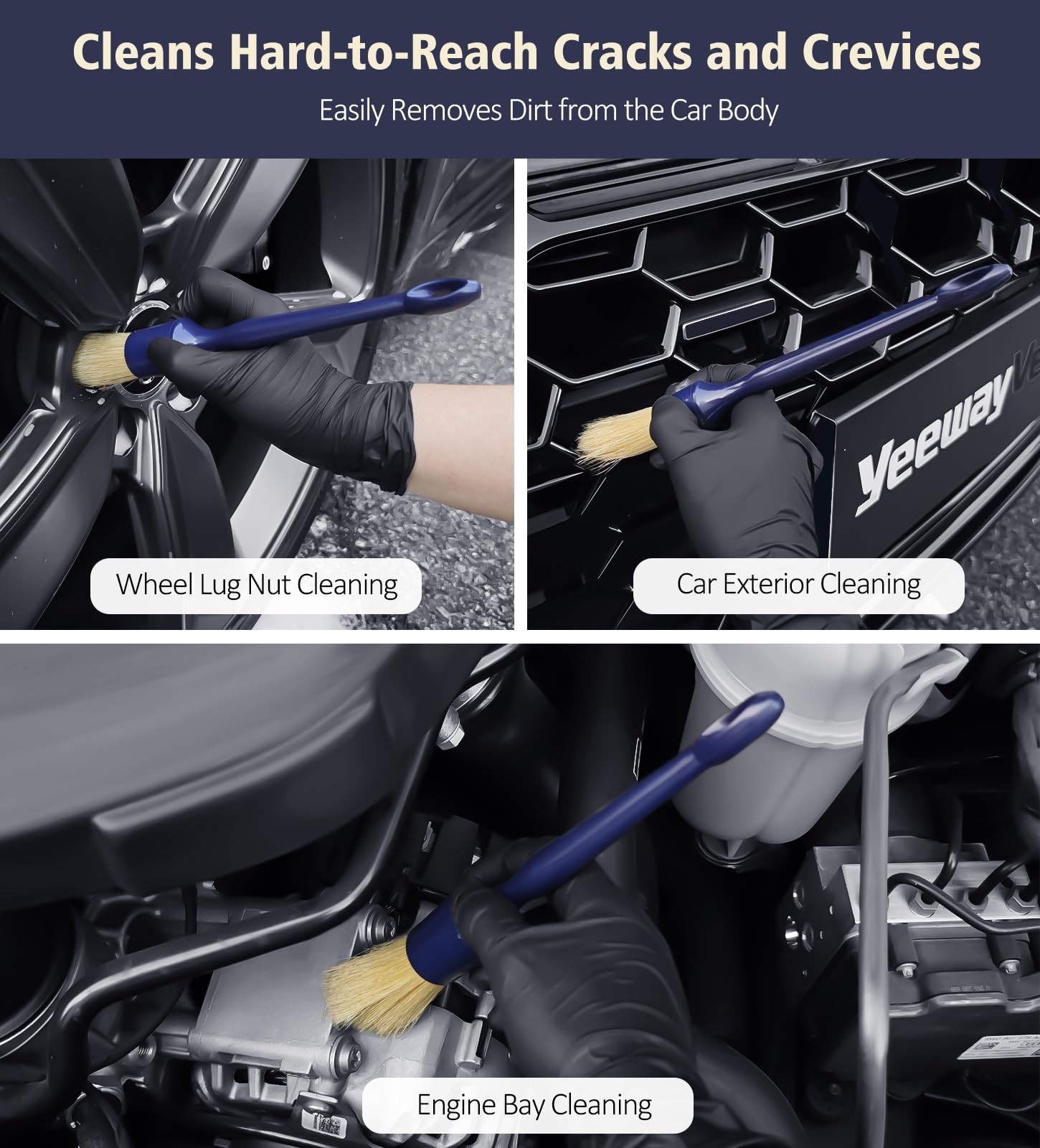 3-Pack Ultra Soft Boars Hair Car Detailing Brushes for Interior & Exterior Auto