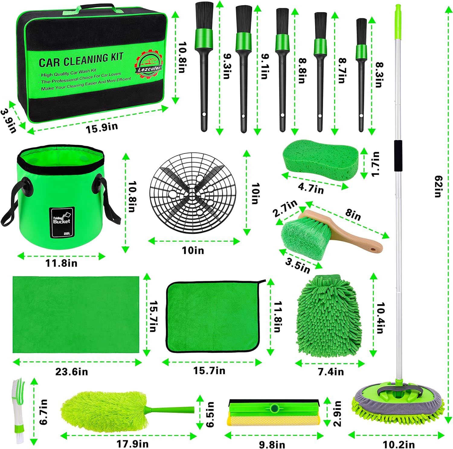 17Pcs Car Wash Kit,62″ Car Wash Brush Mop with Long Handle,Car Cleaning Kit,C…