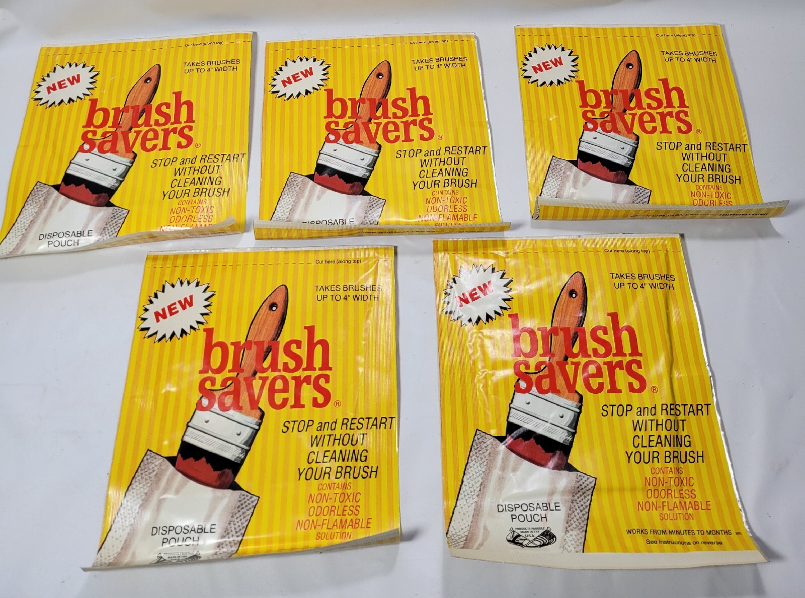 VTG NOS Brush Savers Paint Brush Solution Cleaner 5 Pouches Nontoxic Re-use USA