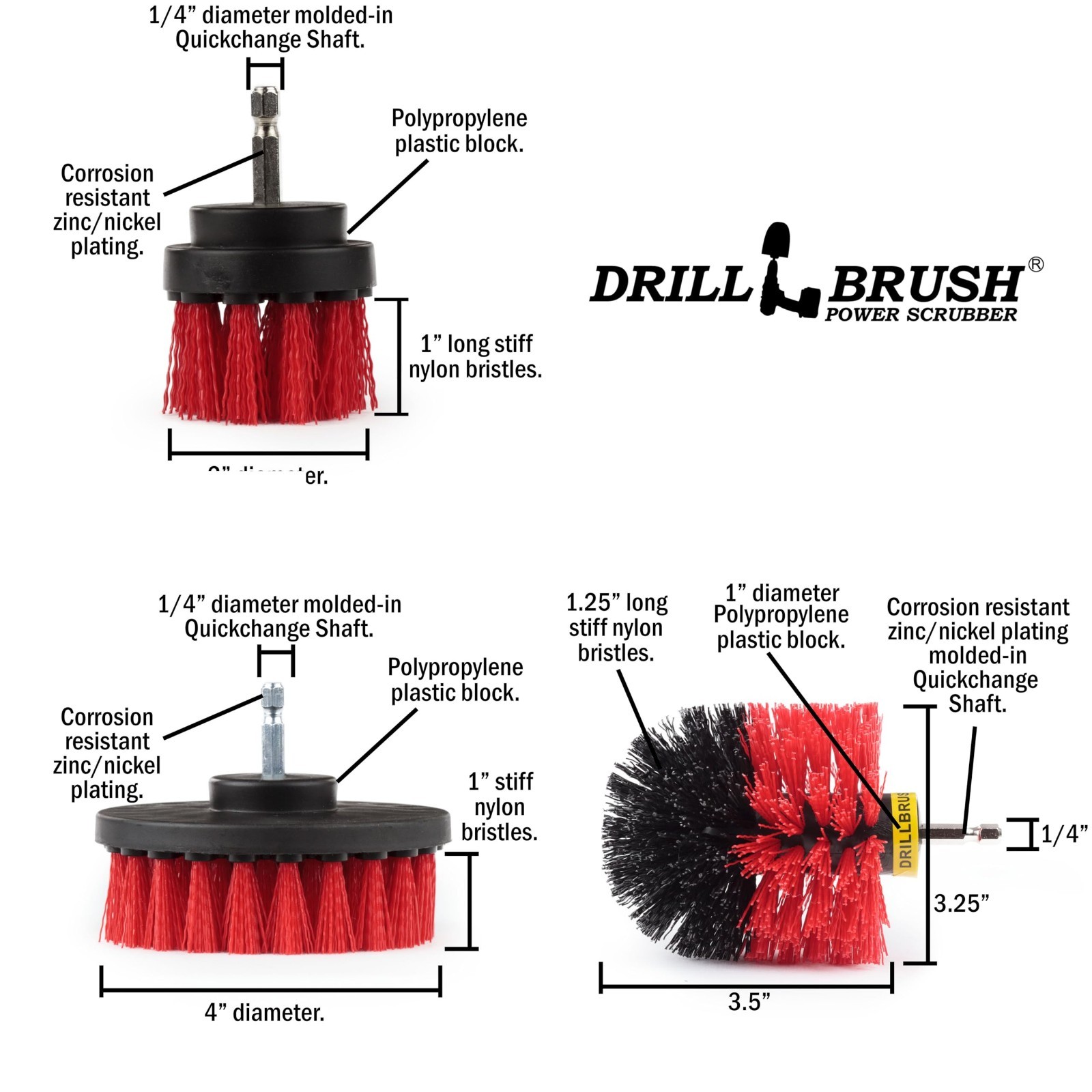 Heavy Duty Stiff Bristle Drill Brush Kit – Power Scrubber for Concrete, Brick, S