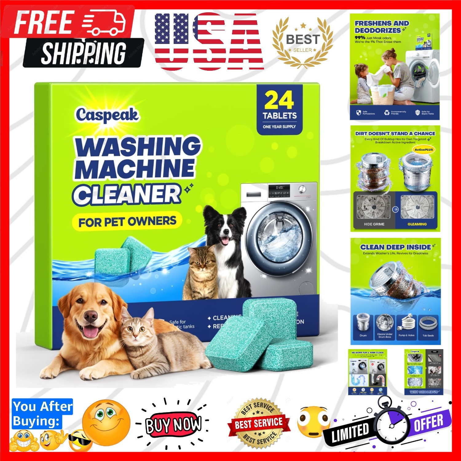 5X Power Deep Cleaning Washing Machine Cleaner Tablets, No More Odor & Pet Fu…