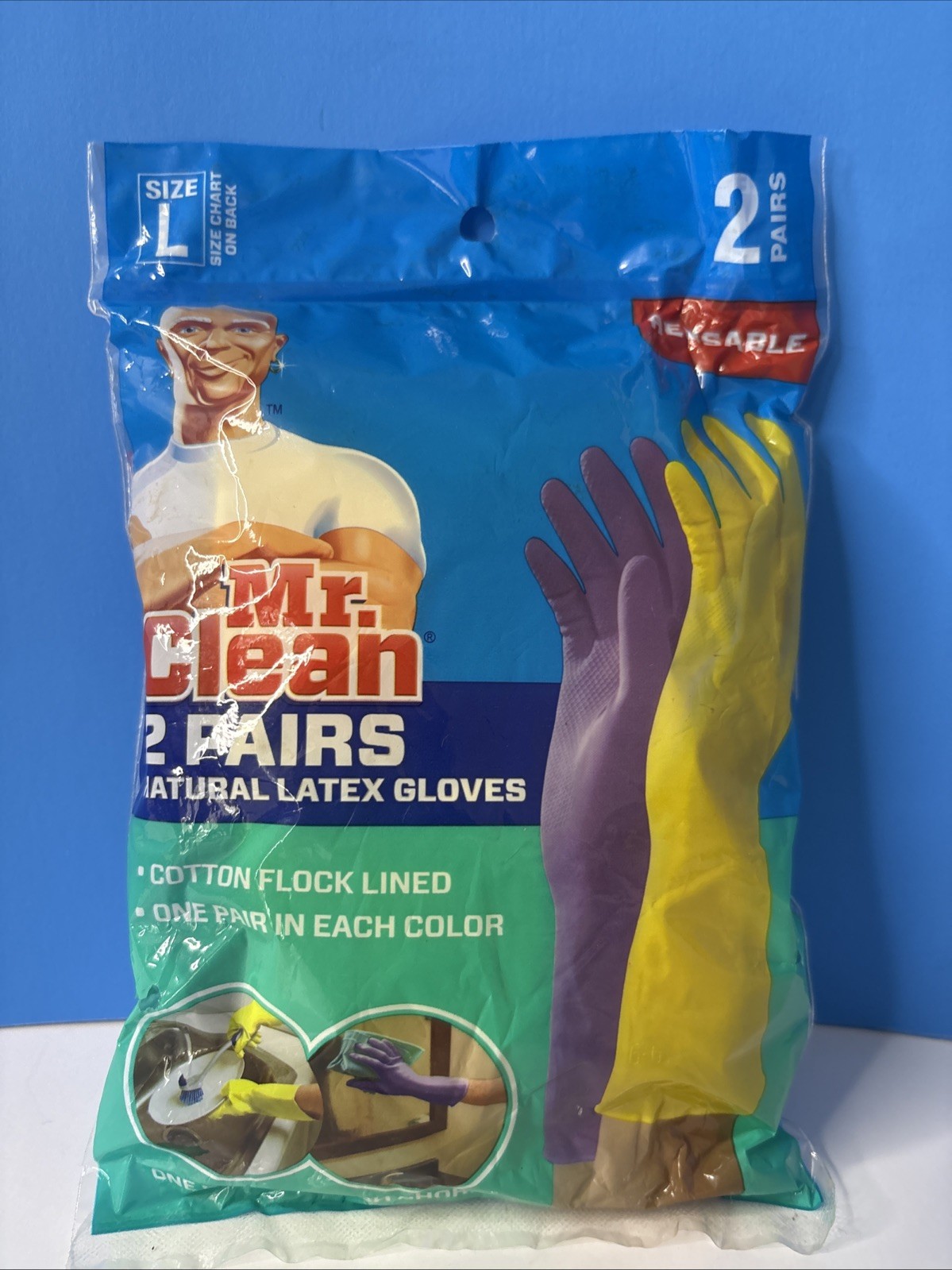 2 pair Mr Clean Natural Latex Dish Washing Gloves sz Large Cotton Flock Lining