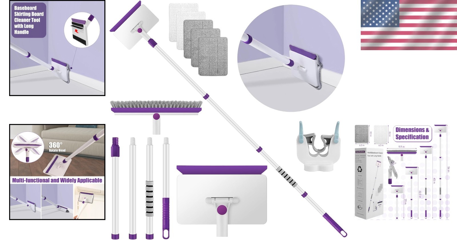 60″ Extendable Baseboard Cleaner Tool with Washable Pads for Effortless Cleaning