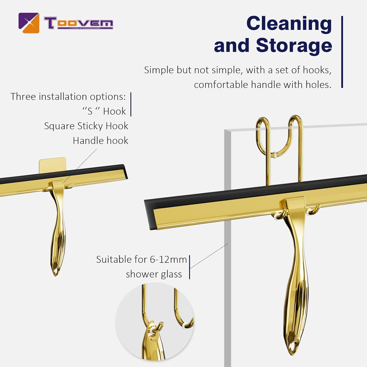 TOOVEM 12 Inch Shower Squeegee Cleaning Tools with S & Square Sticky Hook Gold
