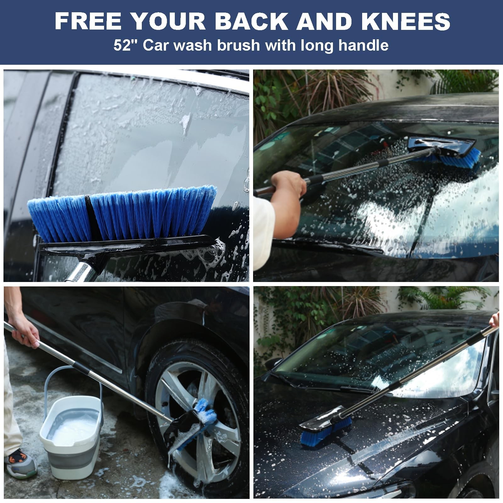 52″ Car Wash Brush with Long Handle, Rubber Squeegee & Soft Bristles for Boats,