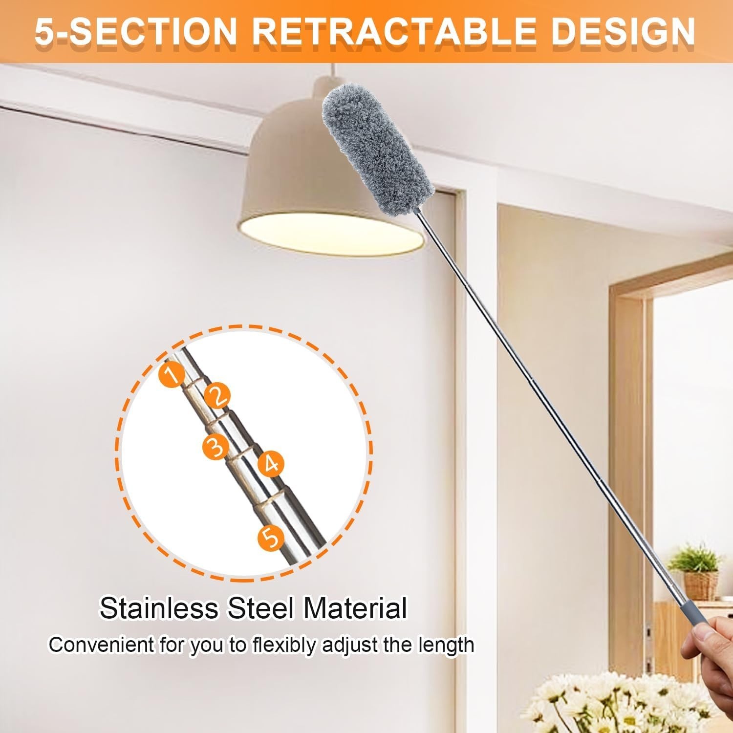 2 Pack Microfiber Feather Duster for Cleaning with Extendable Pole Hand Washable