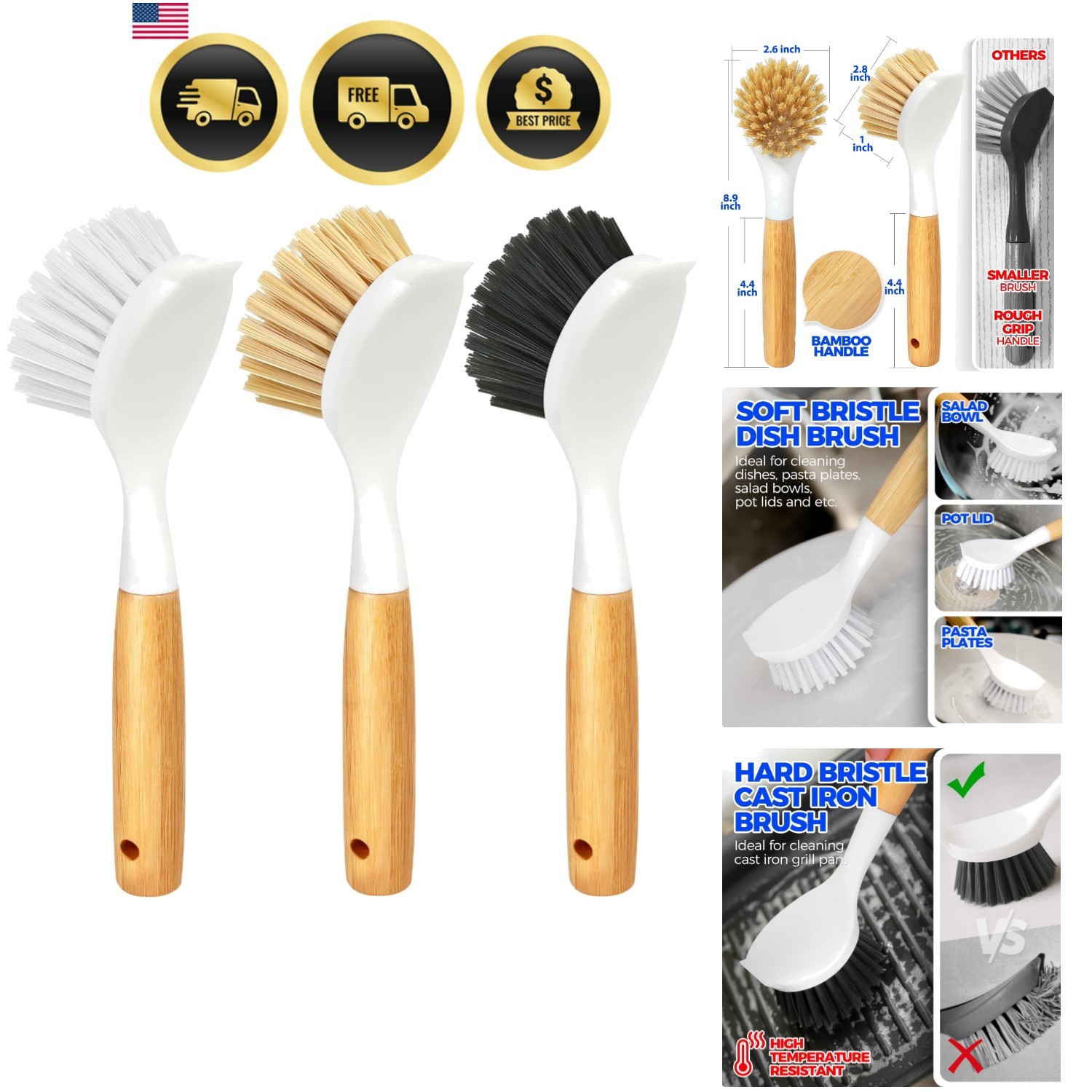 3 Pack Dish Brush Set with Bamboo Handle, Kitchen Brushes for Cleaning Pot, S…