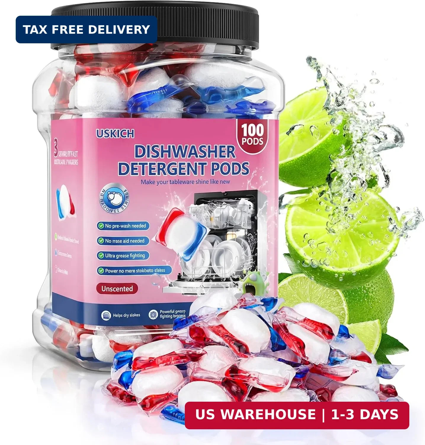 100 Count Dishwasher Pods, No Pre-Rinse Required, Dishwasher Detergent Soap Effe
