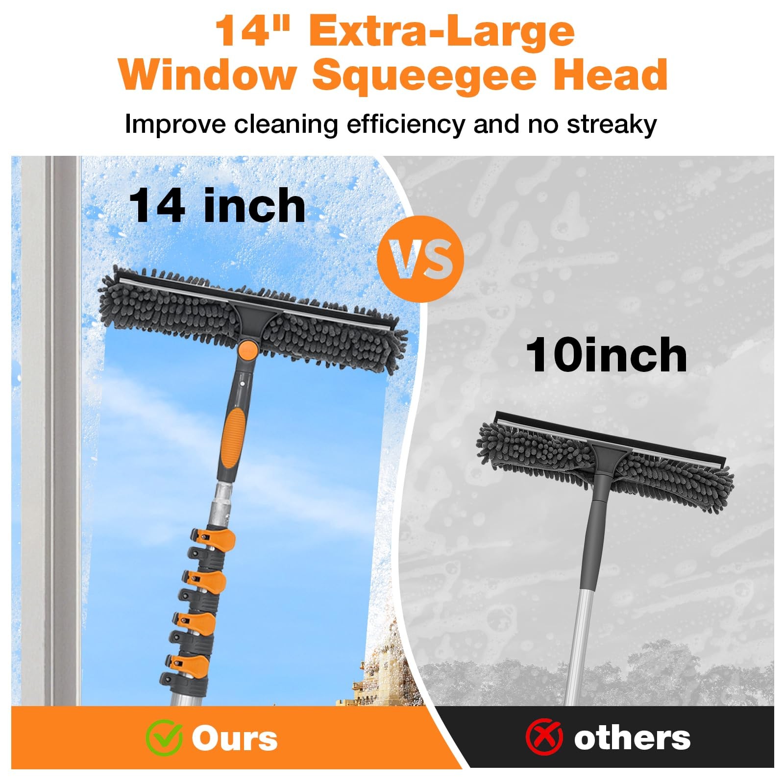 20FT Reach Window Squeegee with 5-13 FT Extension Poles, Extra-Large 14″ Wind…