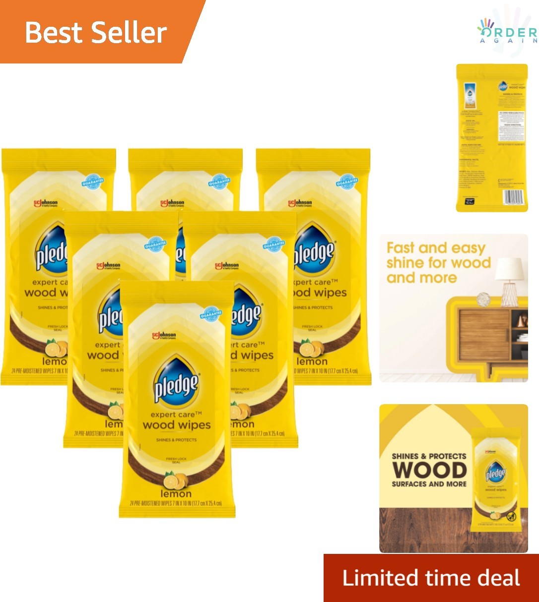 Wood Wipes Lemon Scent 24 Count Pack of 6 Surface Polish and Cleaner