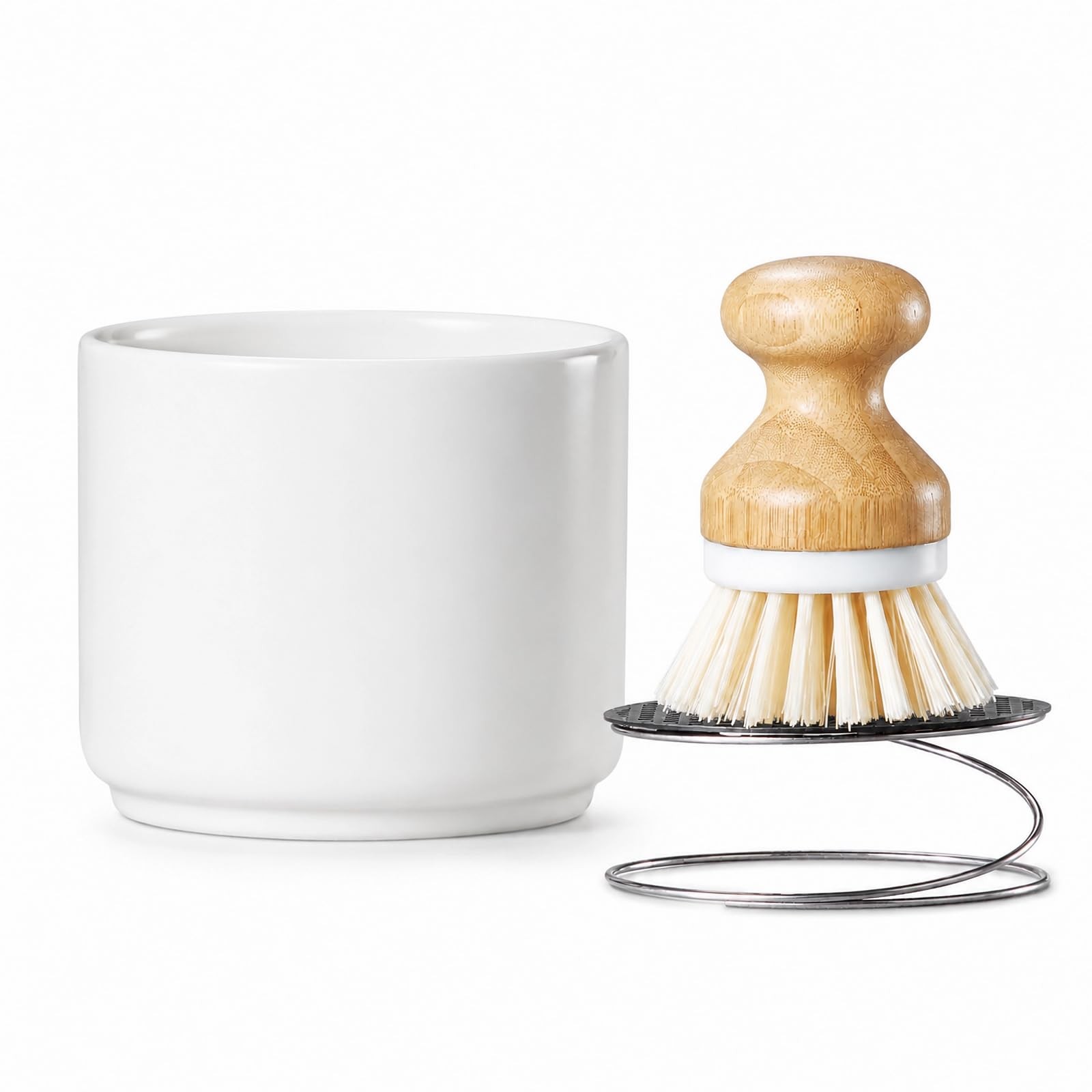 Bamboo Dish Brush with Ceramic Foaming Base, Kitchen Sink Scrub Brush Set wit