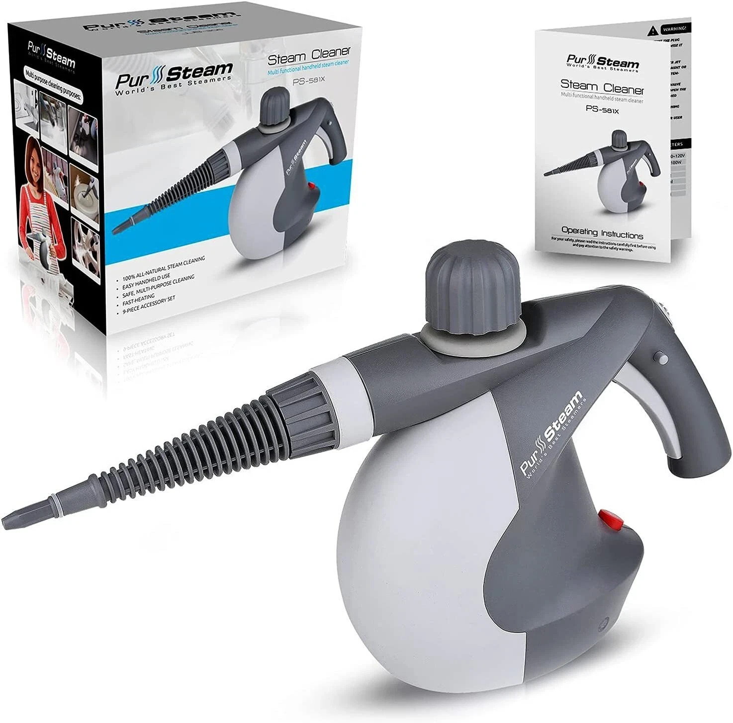 PurSteam Handheld Pressurized Steam Cleaner 9 Tools Car Leather Window PS-581X