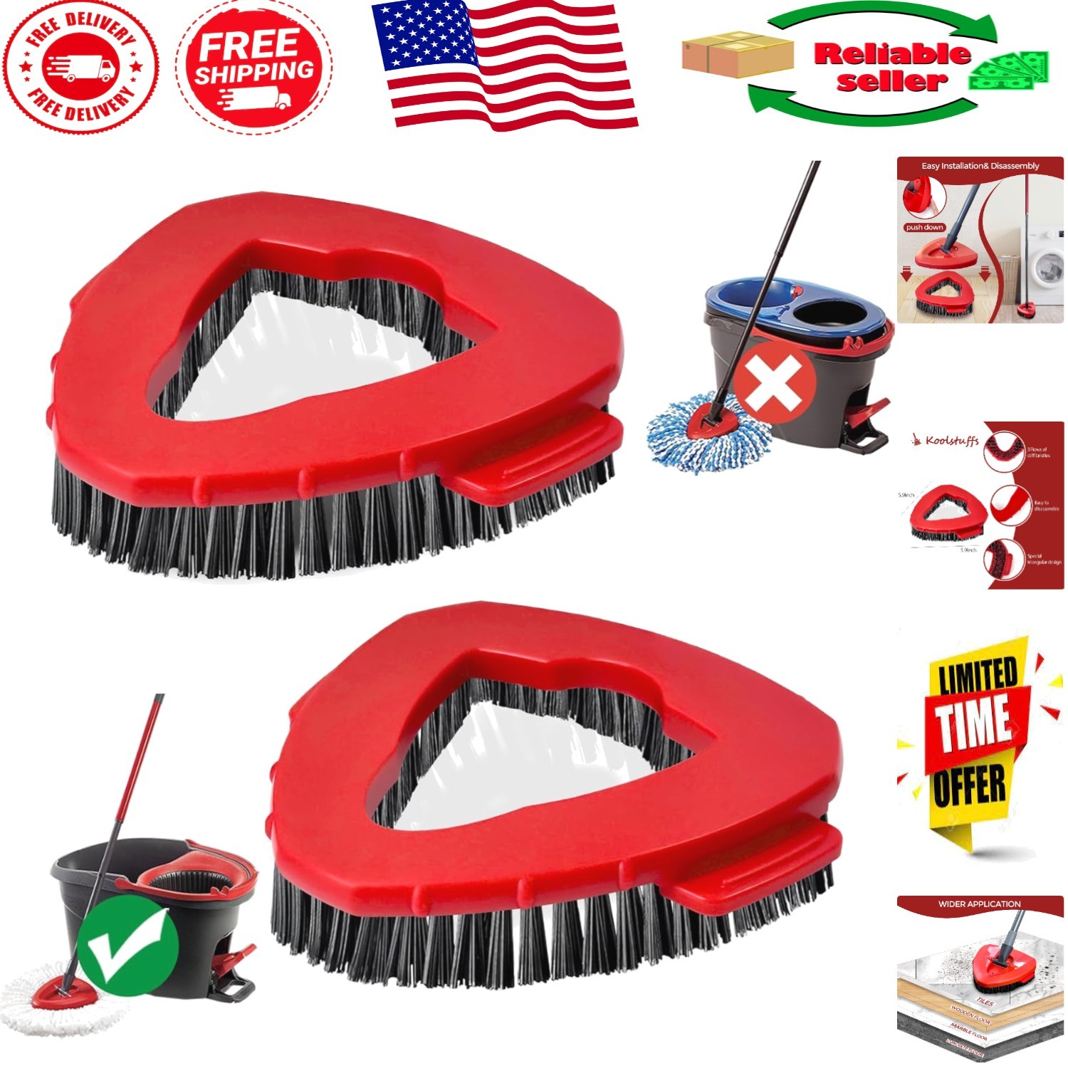 Superior 2-Pack Spin Mop Scrub Brush Heads for EasyWring Systems – Hard Bristle