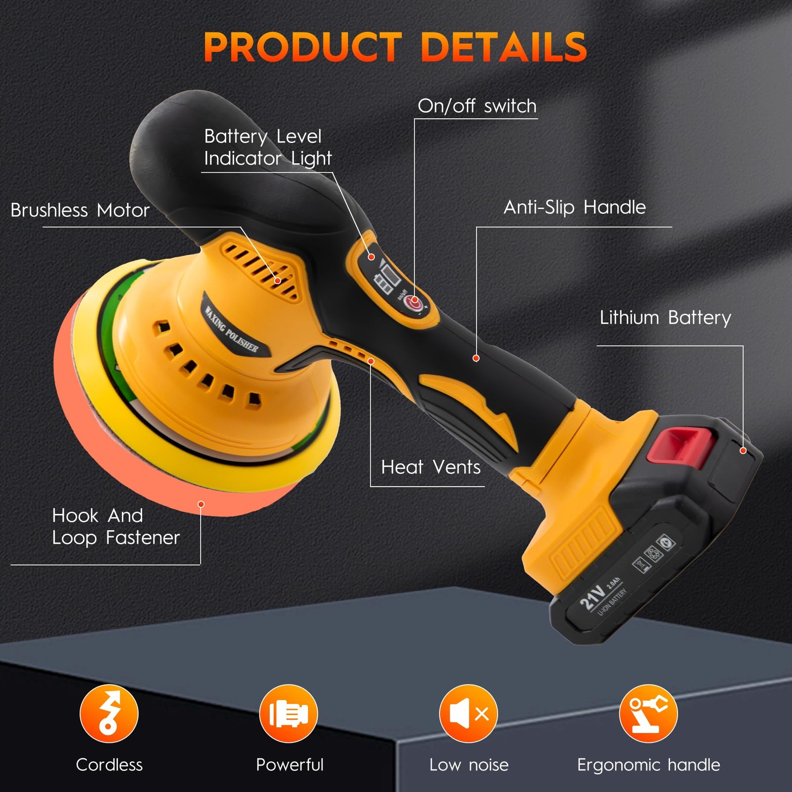 Cordless Car Buffer Polisher 6 Inch 2x21V Batteries 21 PCS 8-Speed Max 6000RPM