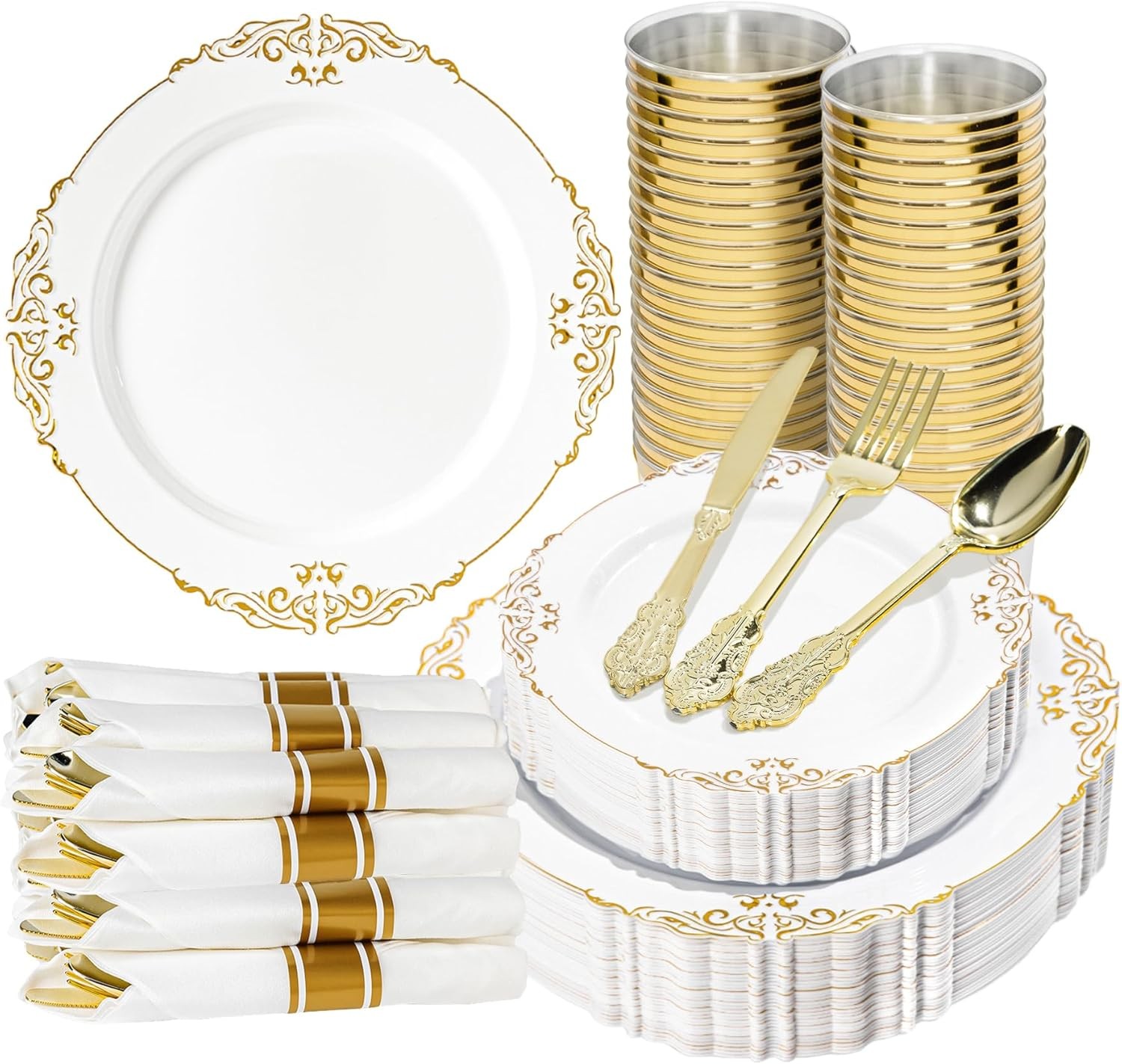 350PCS Gold and White Plastic Plates, Gold Plastic Dinnerware Sets for 50 Gues