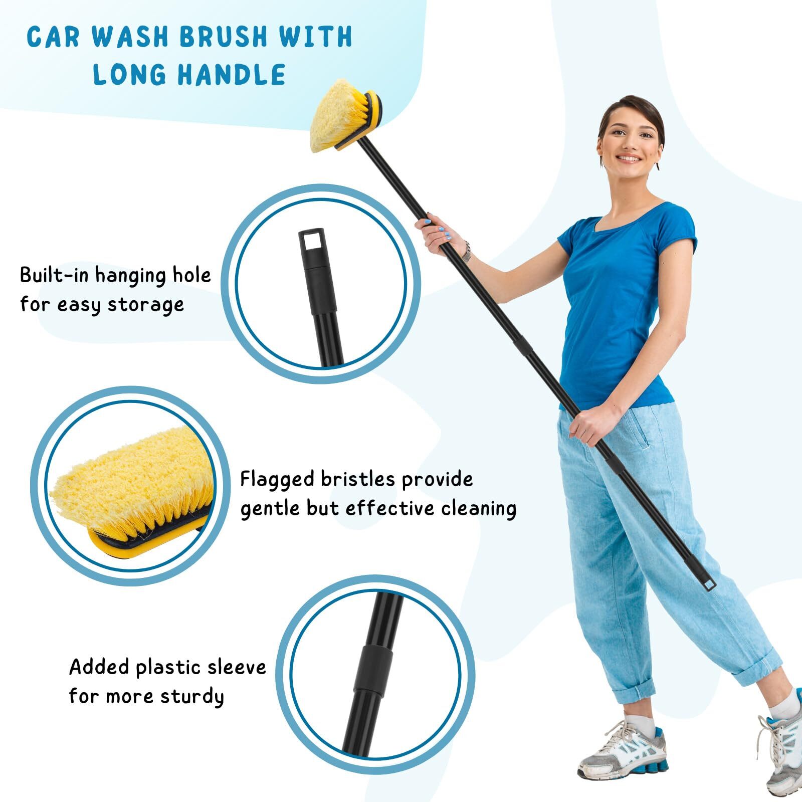 Long Handle Car Wash Brush 55” Soft Bristles for RV Boat Truck Cleaning