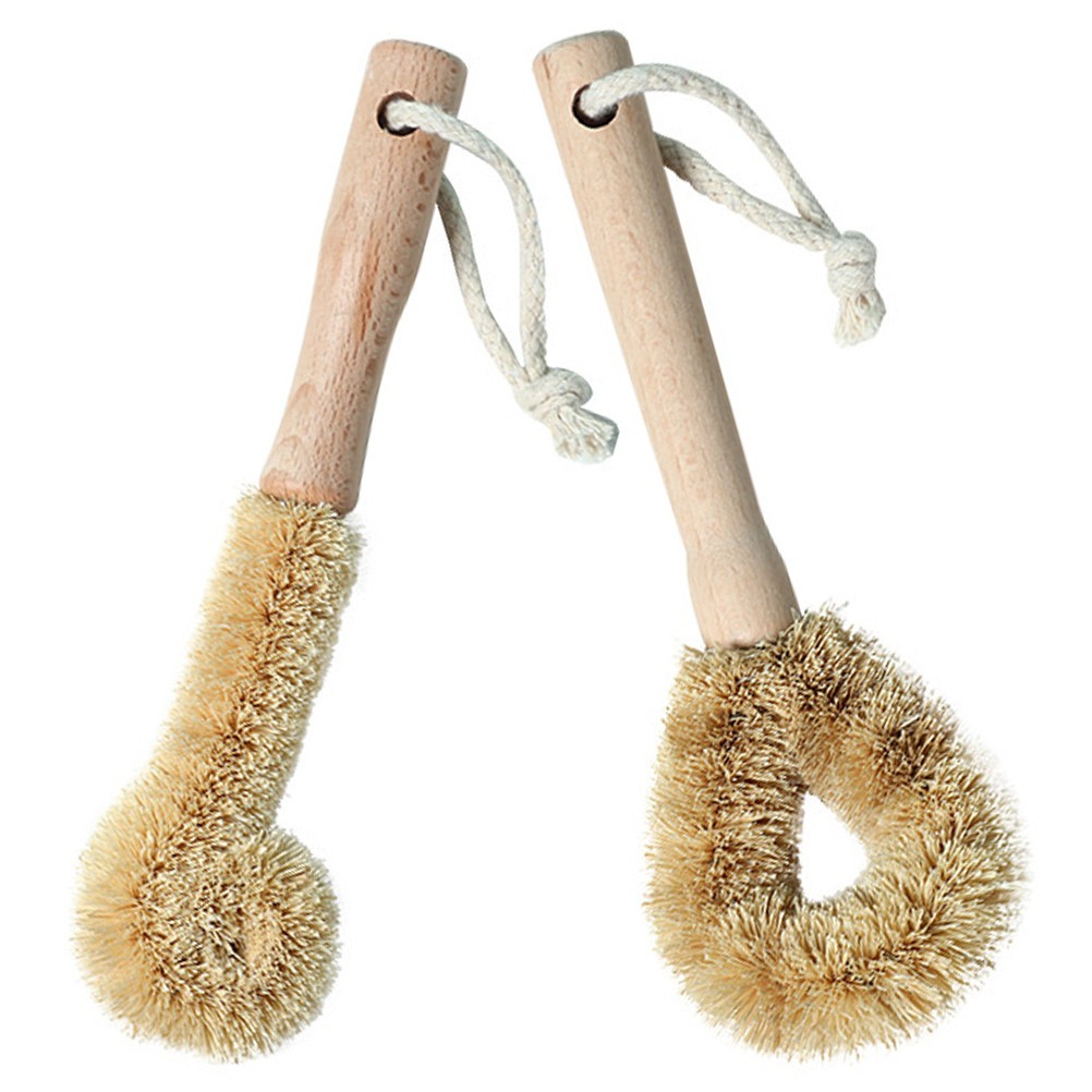 2pcs Kitchen Pot Brush Natural Bristle Wooden Handle Utensil Cleaning Brush