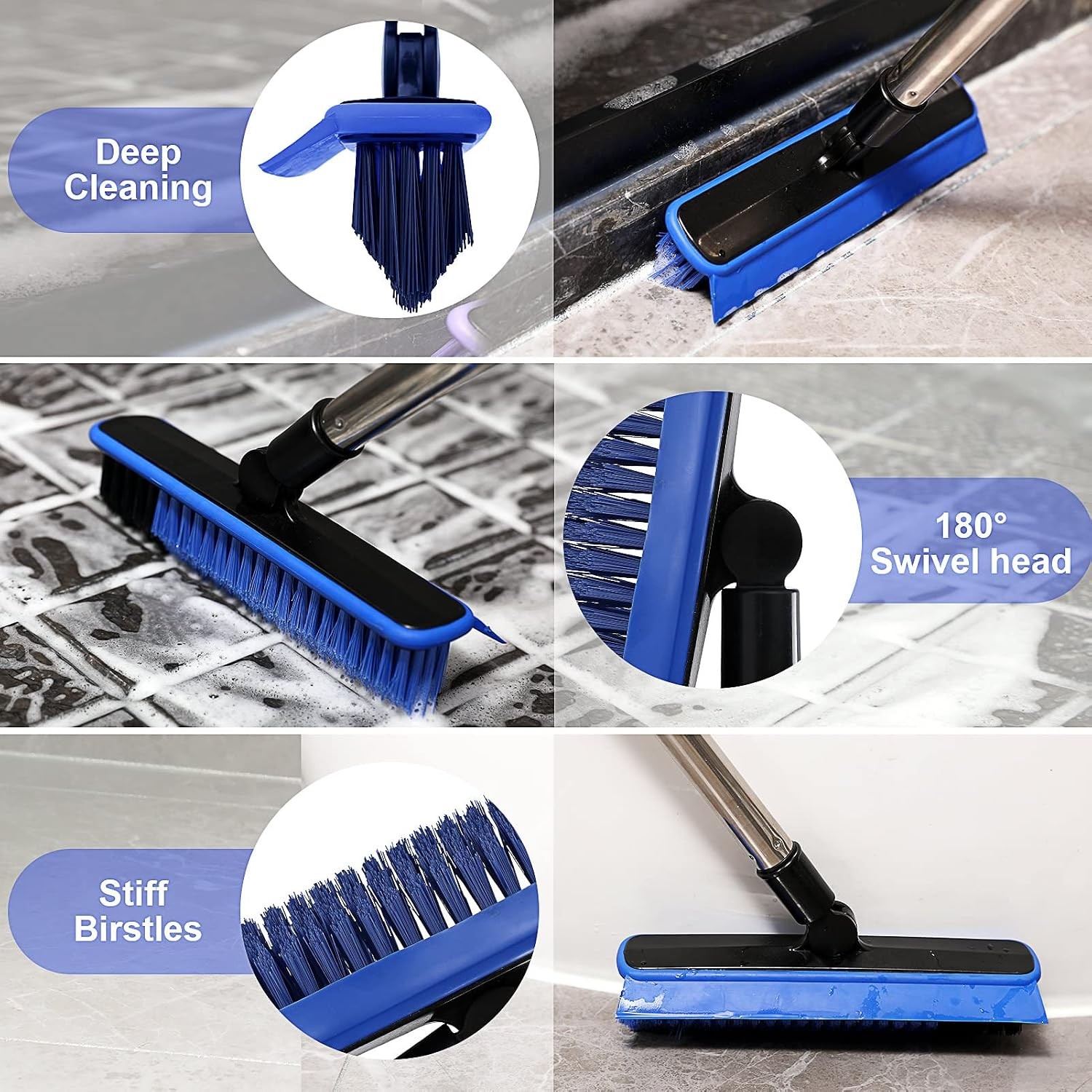 Grout Cleaner Brush with Long Handle, V-Shaped Floor Scrub Brush Swivel Grout Br