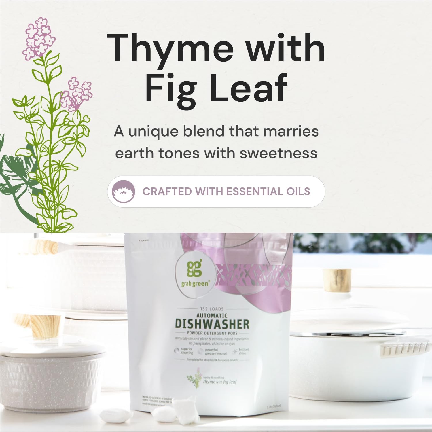 Grab Green Natural Dishwasher Pods 60 Count Thyme with Fig Leaf Non Toxic Clean